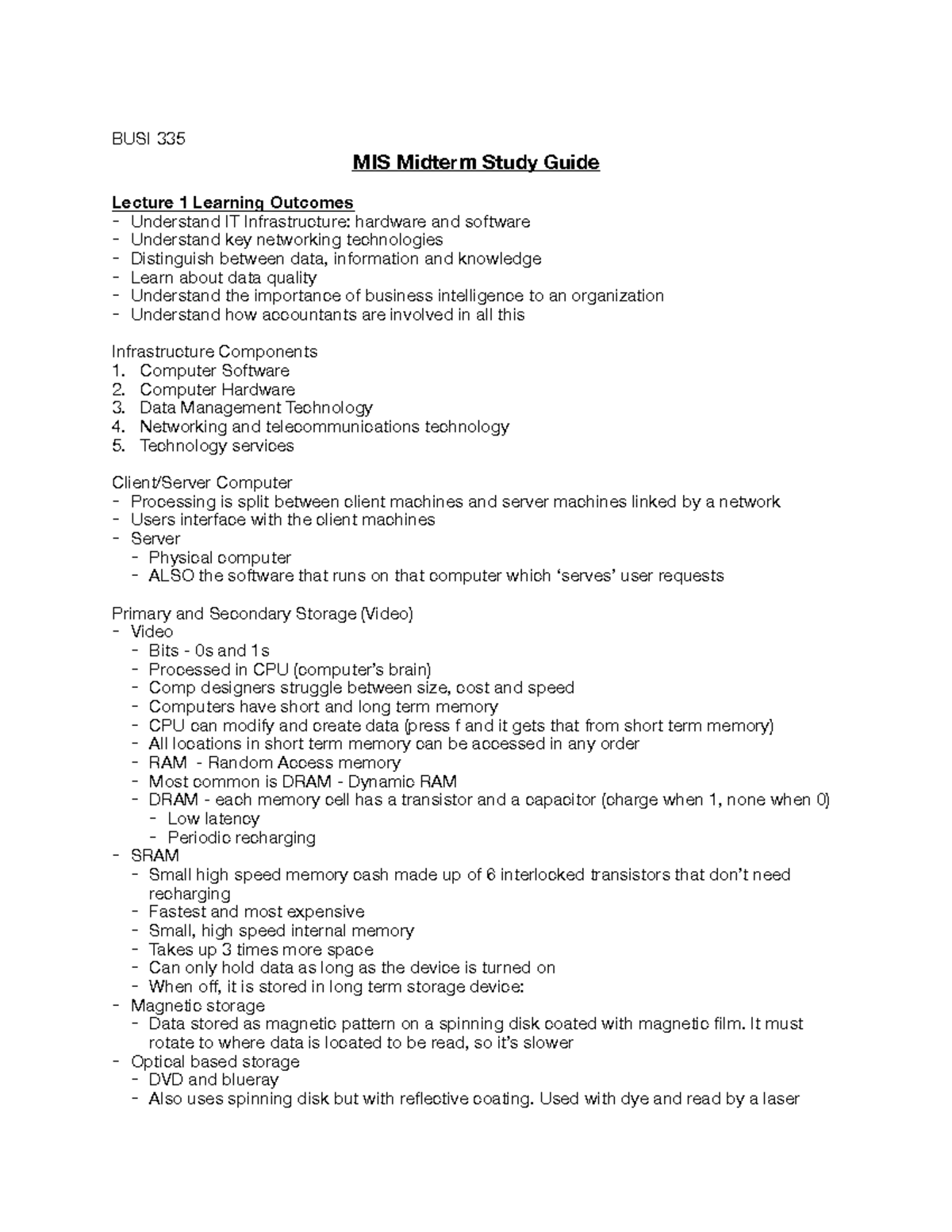 Midterm 1 Study Guide - BUSI 335 MIS Midterm Study Guide Lecture 1 ...