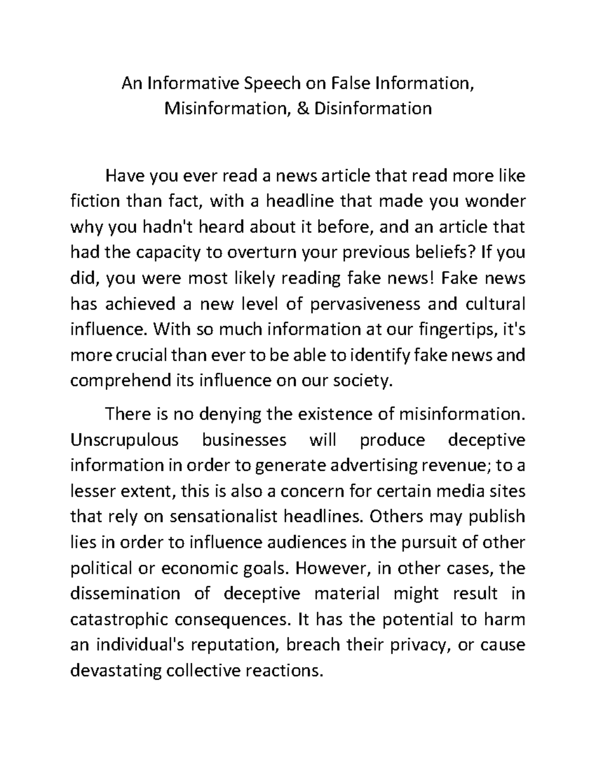 Fighting False Information: An Informative Speech - An Informative ...