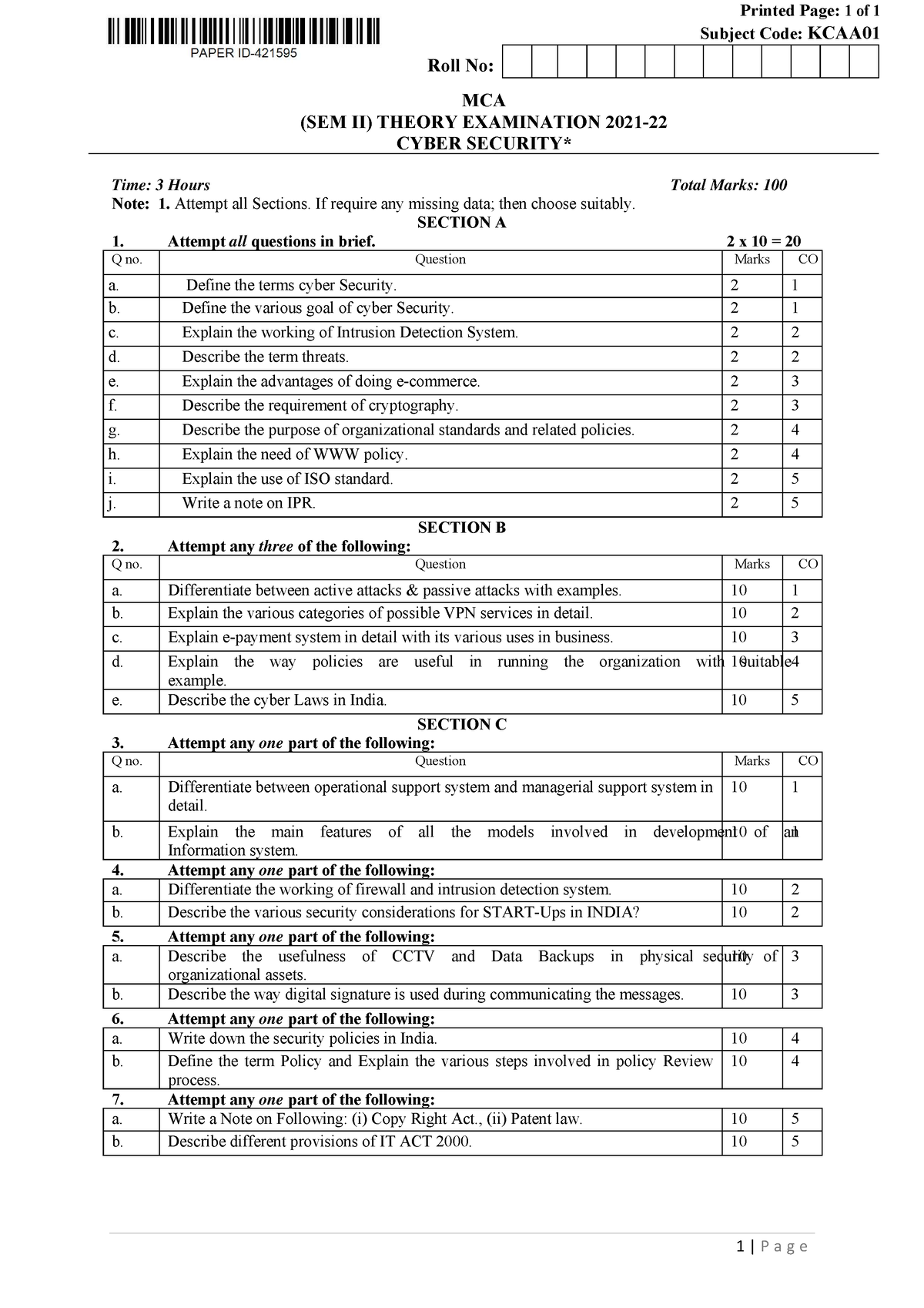 Mca 2 sem cyber security kcaa01 2022 - Printed Page: 1 of 1 Subject ...