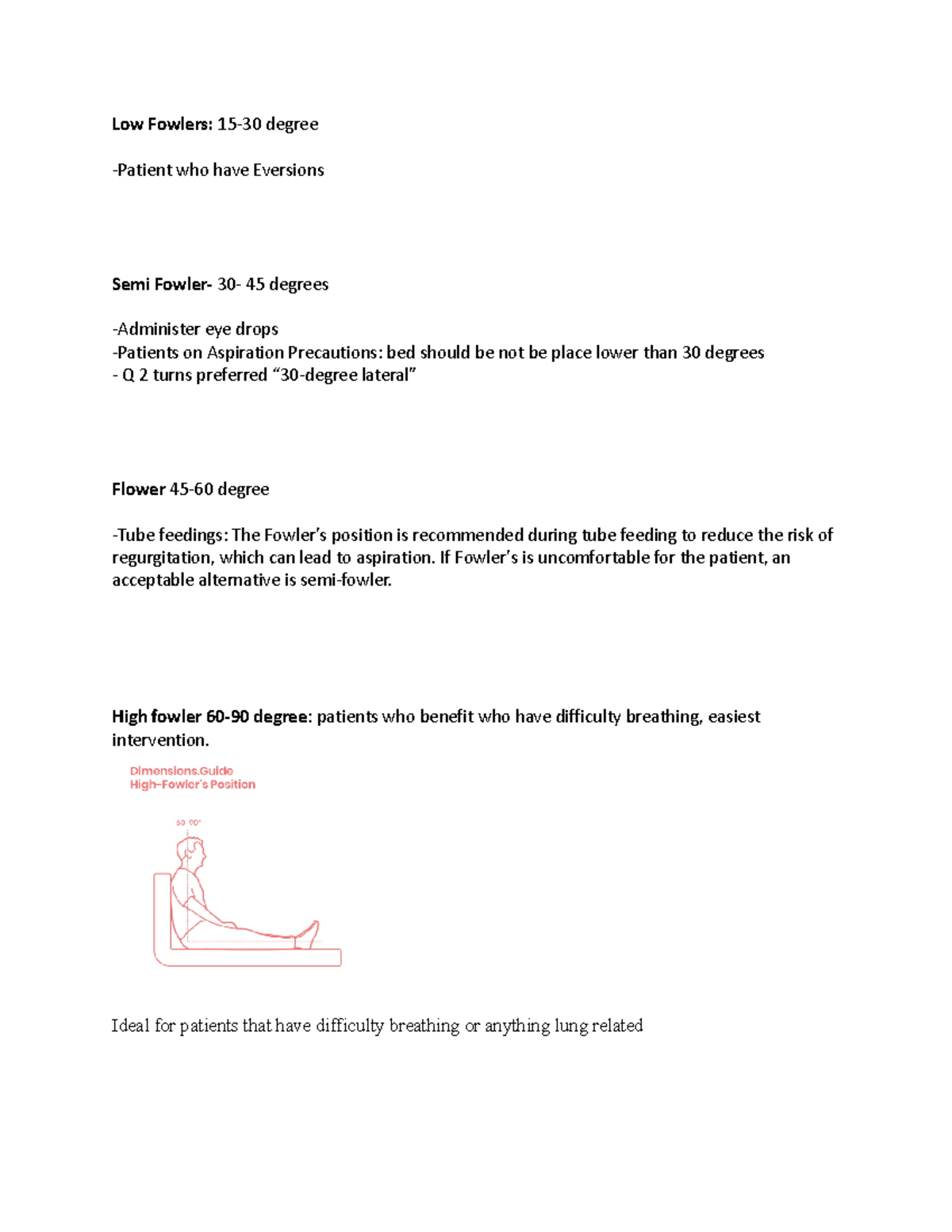 Positioning Position of patient in the bed Low Fowlers 1530