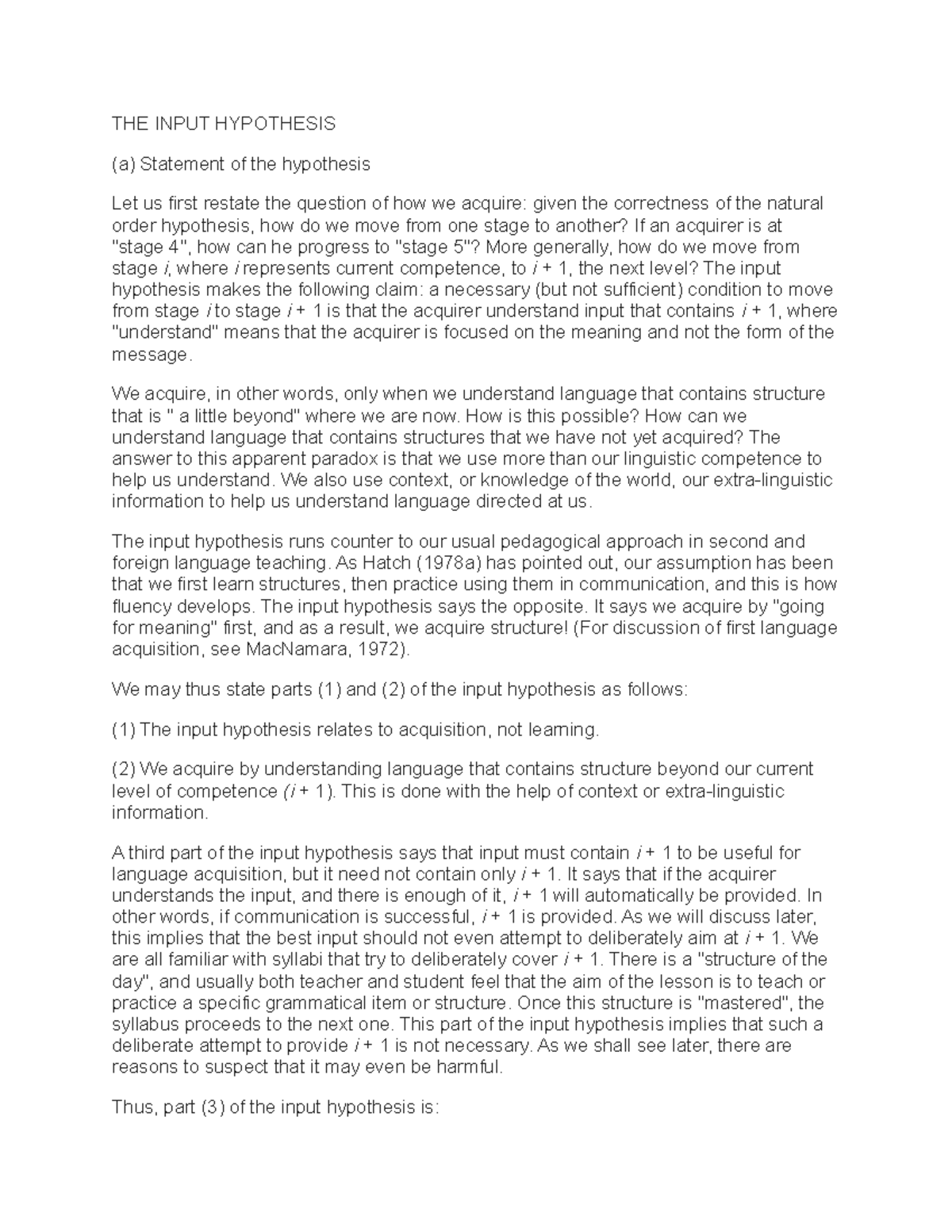 The input hypothesis of teaching and learning English Language THE