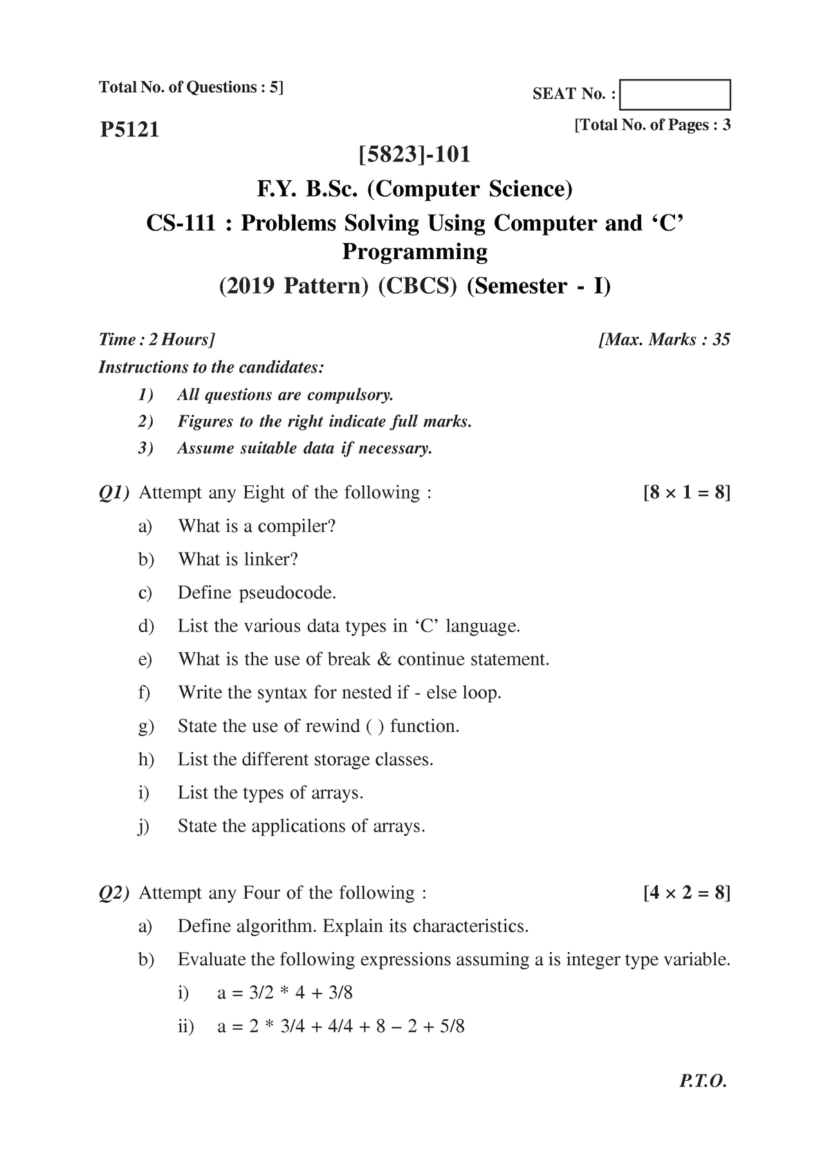 B.SC ( Computer Science ) 2019 Pattern - Q1) Attempt Any Eight Of The ...