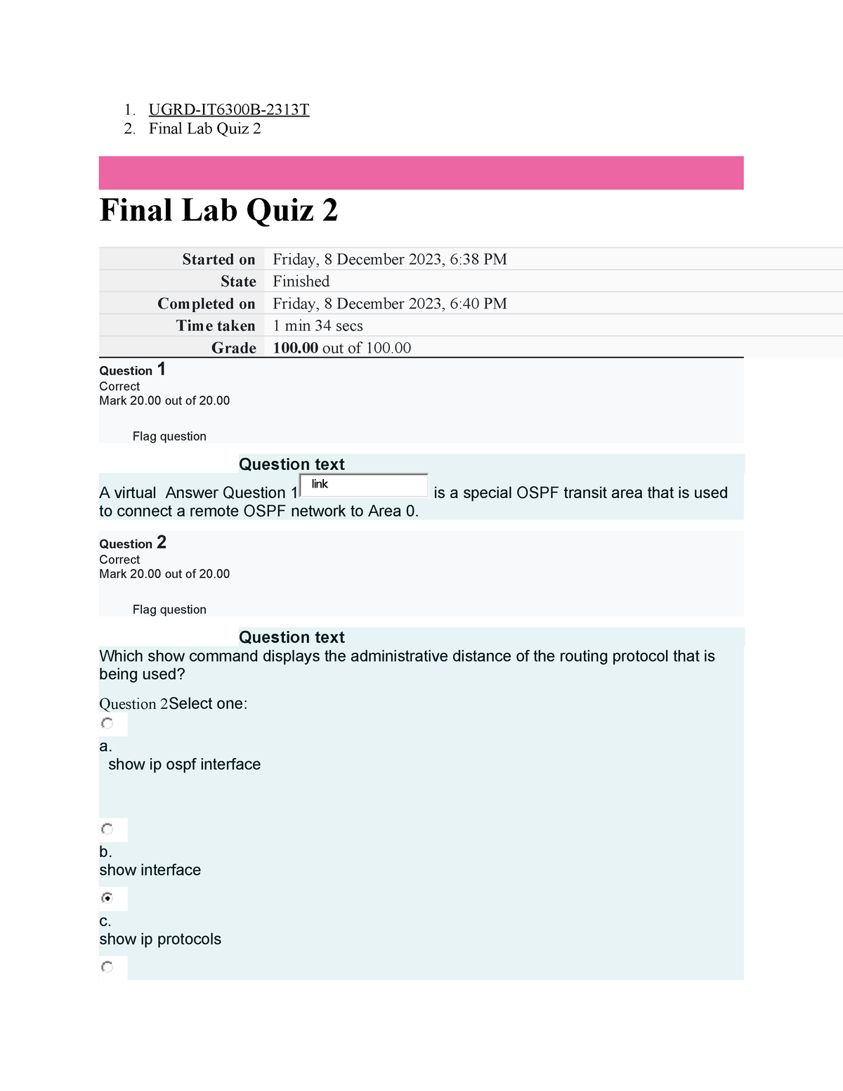 UGRD-IT6300B Data Communications And Networking 3 Final Lab Quiz 2 - 1 ...