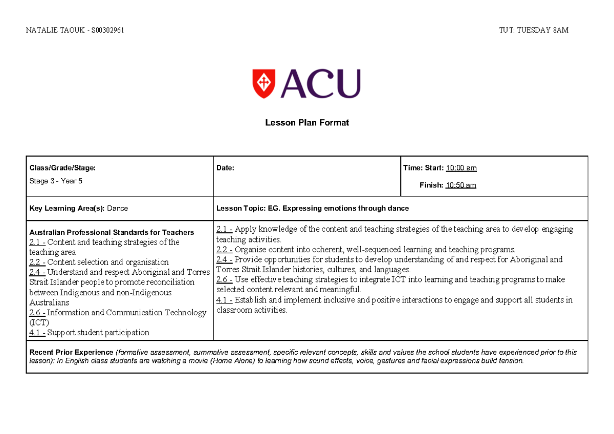 Lesson plans - NATALIE TAOUK - S00302961 TUT: TUESDAY 8AM Lesson Plan ...