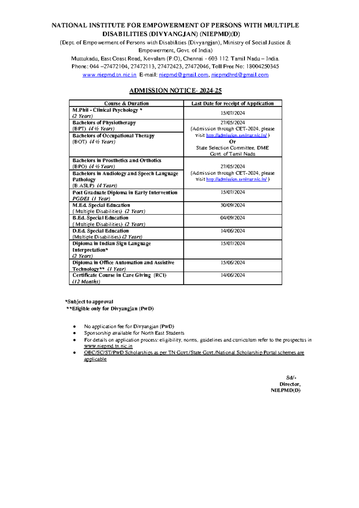 Admission notice 2024 2025 NATIONAL INSTITUTE FOR EMPOWERMENT OF