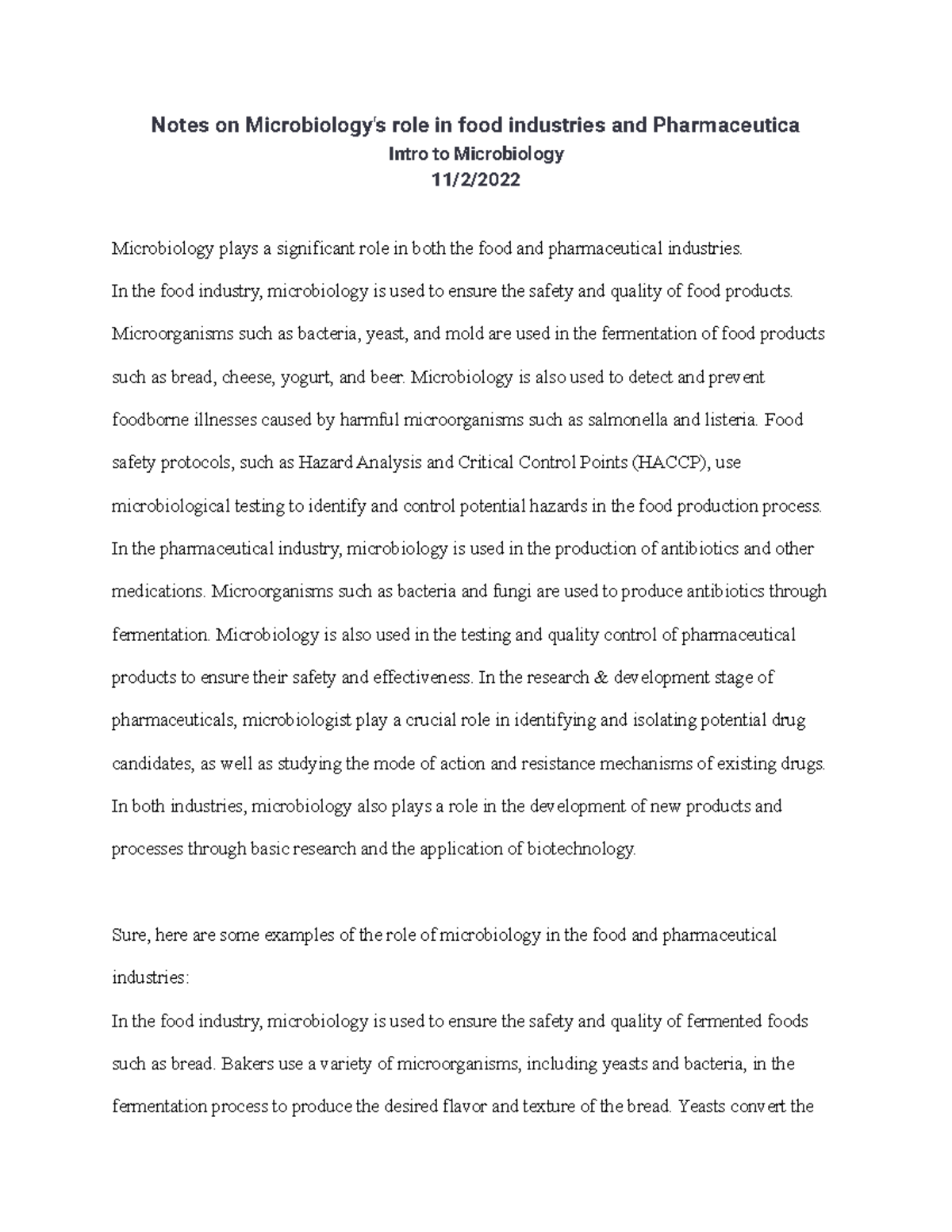 Notes on Microbiology role in food industries and pharmaceutica In