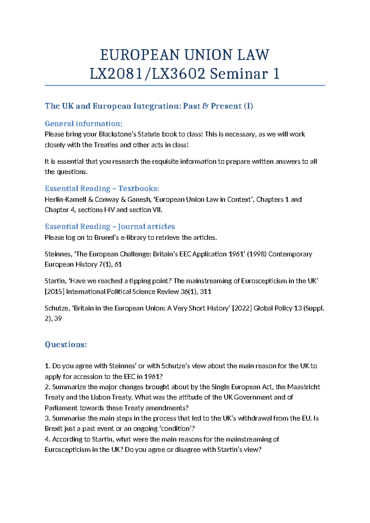 EU Seminar 1 2324 - nil - EUROPEAN UNION LAW LX2081/LX3602 Seminar 1 ...