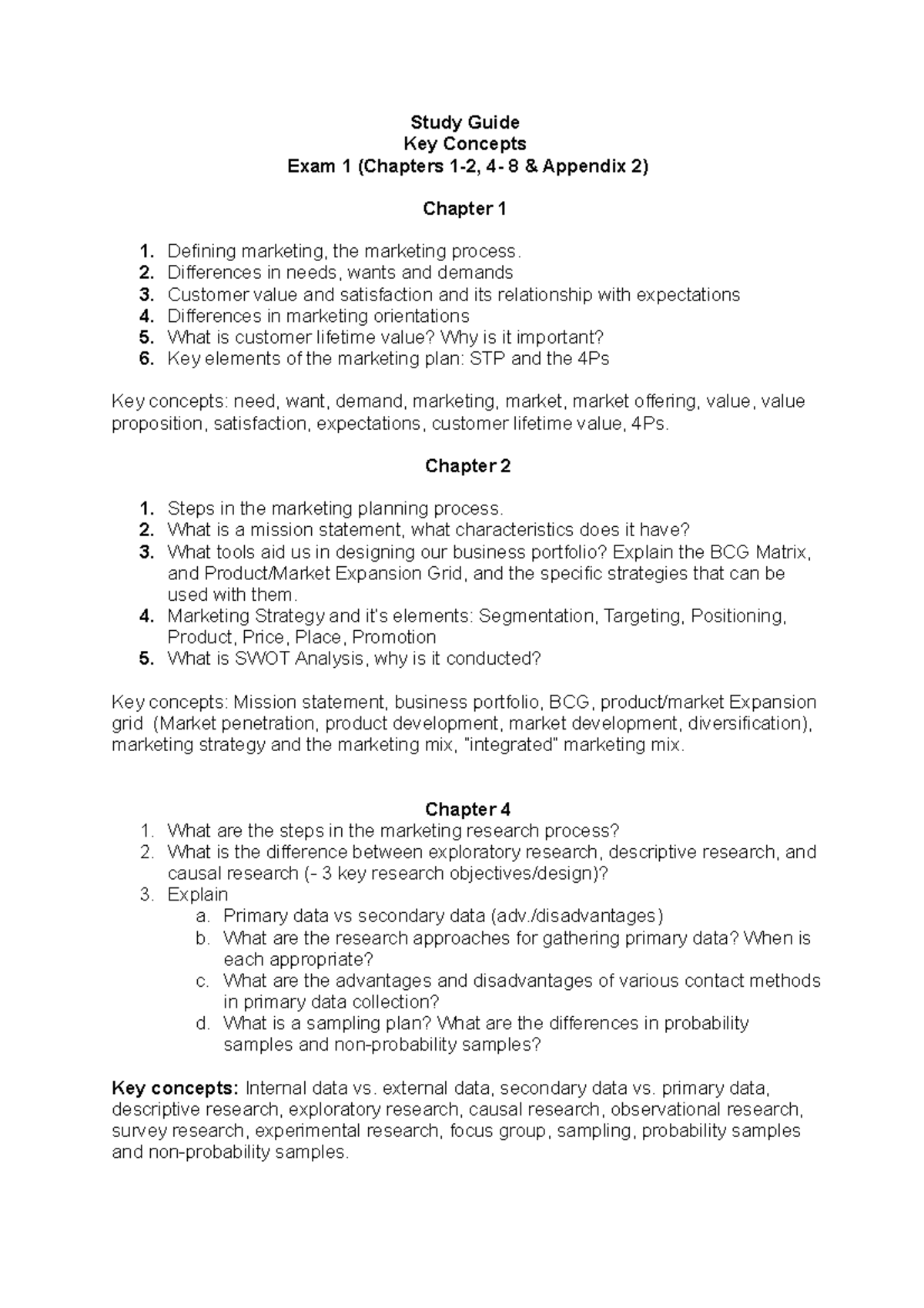 Sample Questions And Study Guide Exam 1 - Study Guide Key Concepts Exam ...