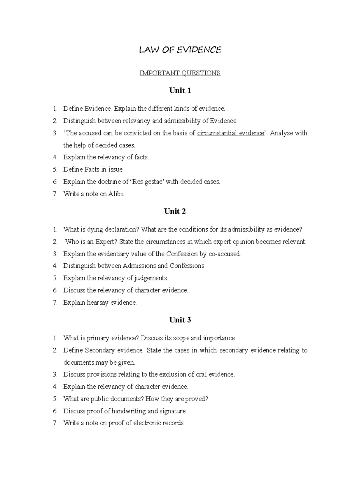 Evi Importa class - LAW OF EVIDENCE IMPORTANT QUESTIONS Unit 1 1 ...