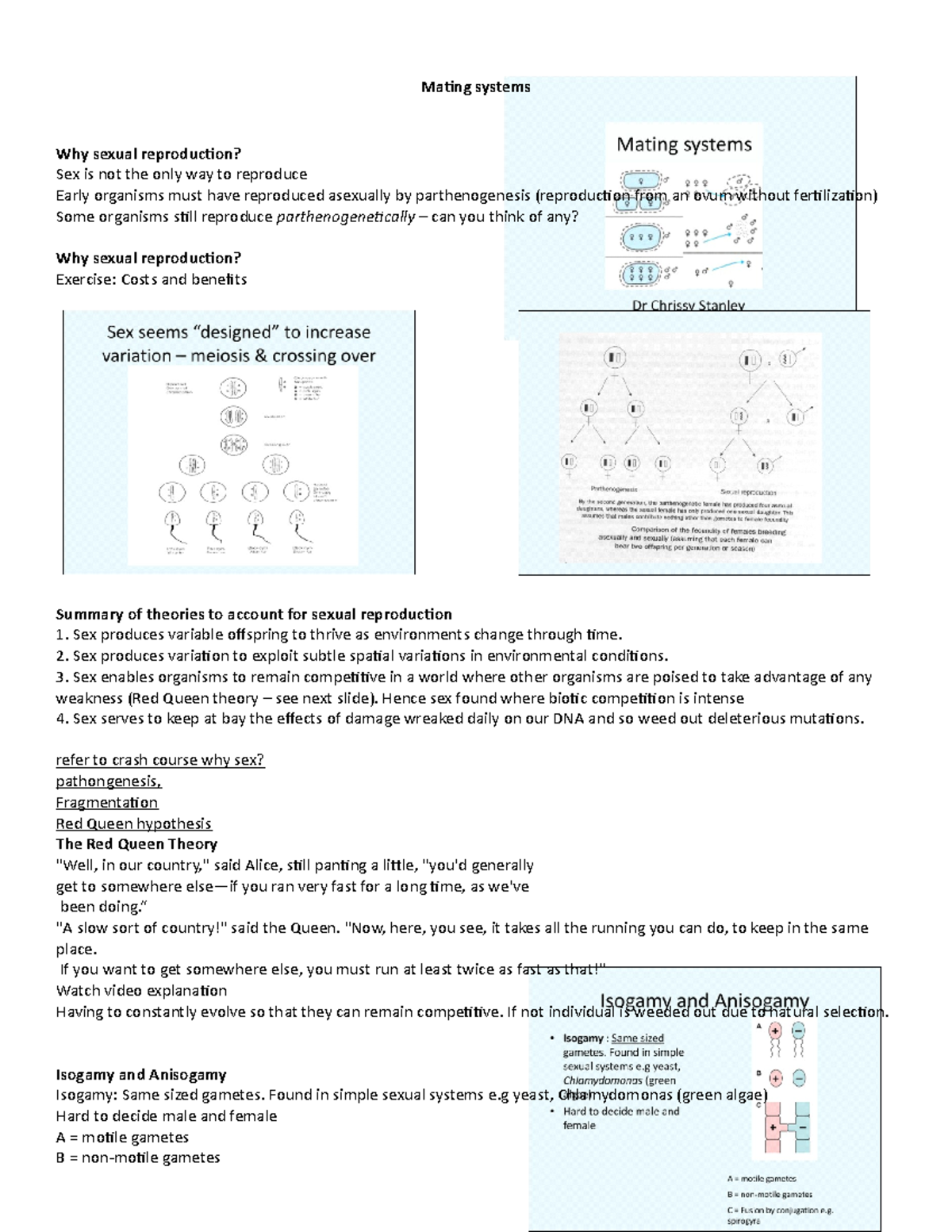 Mating Systems Lecture Notes 12 Mating Systems Why Sexual