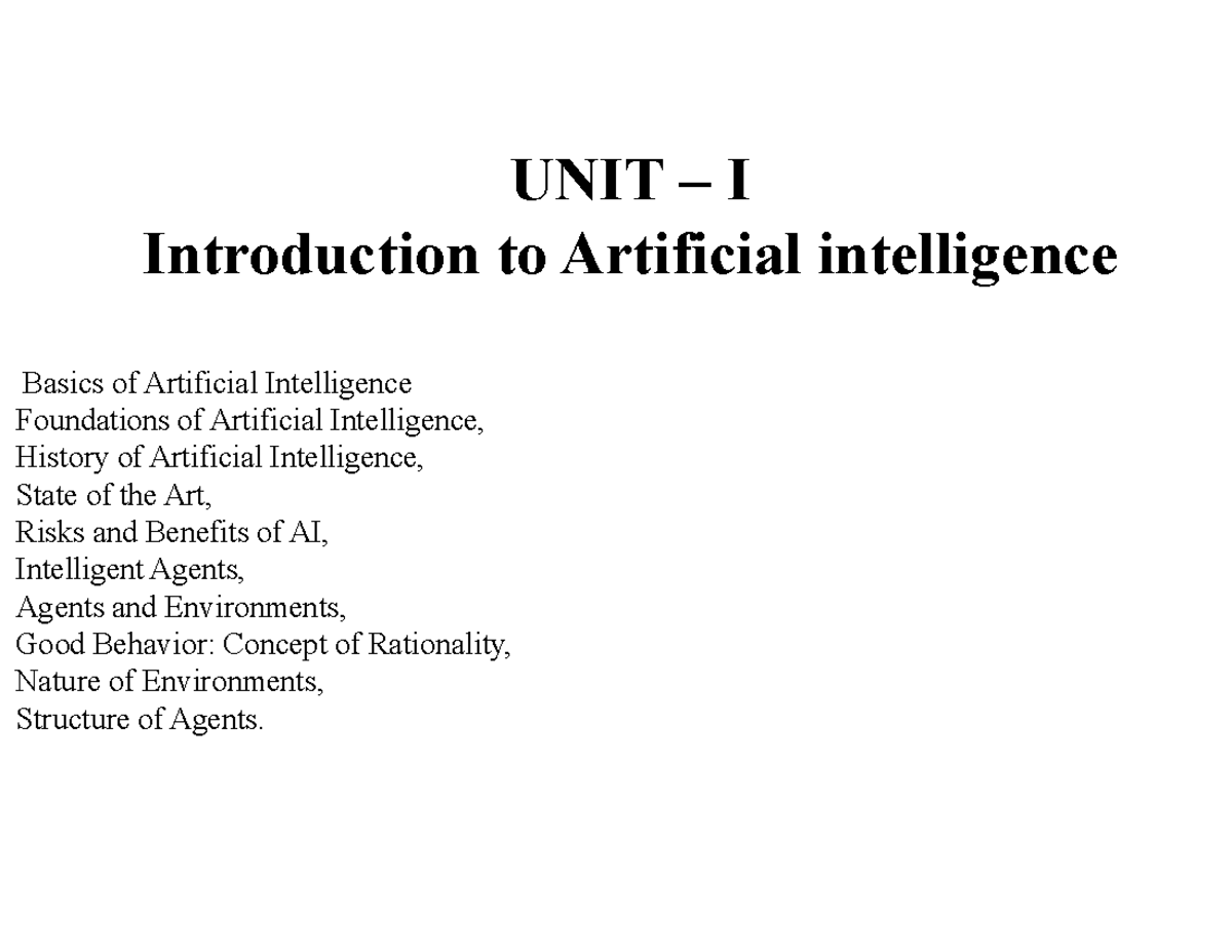 AI Unit 1 notes - UNIT – I Introduction to Artificial intelligence ...