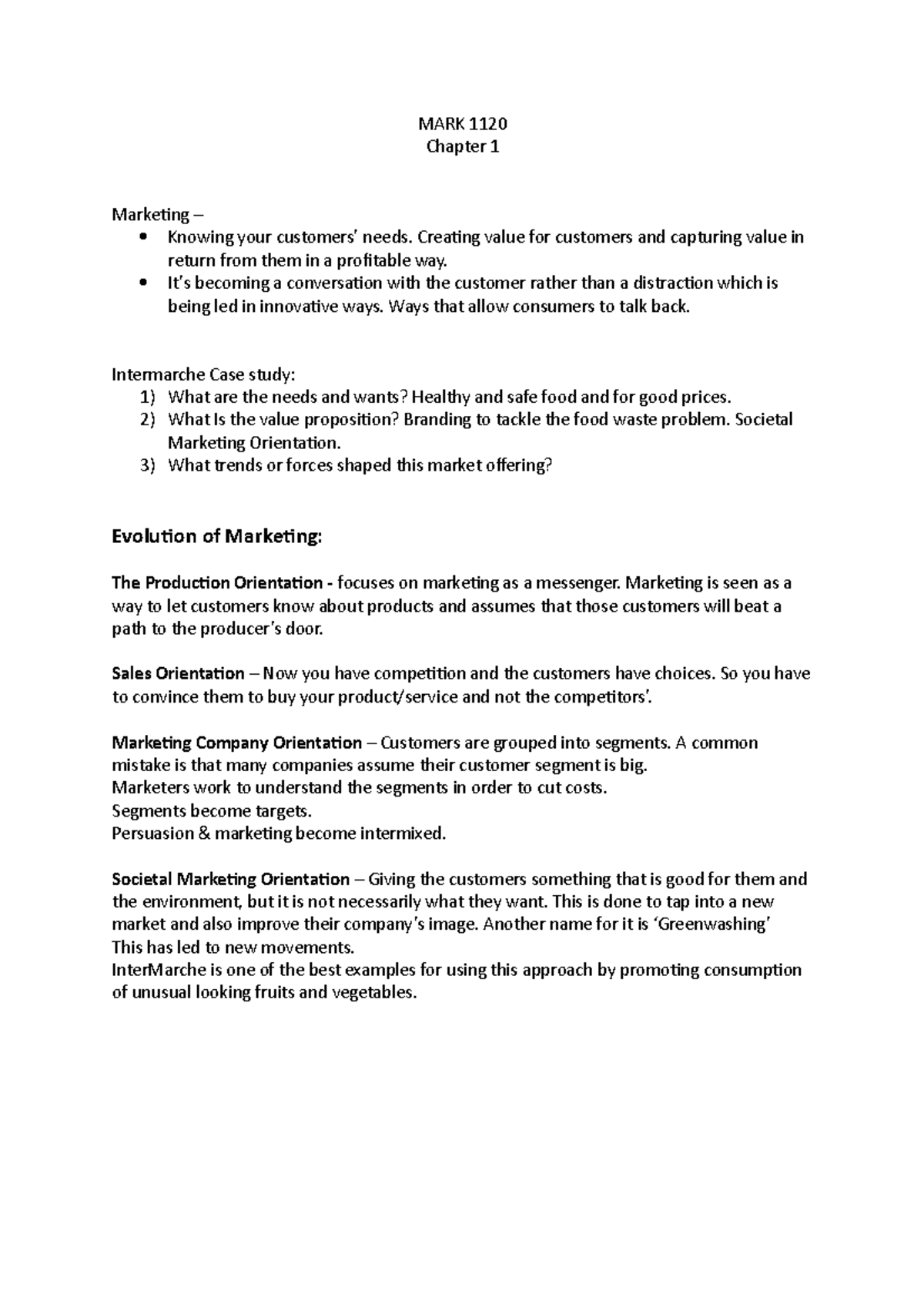 MARK Chapter 1 lecture notes - MARK 1120 Chapter 1 Marketing – Knowing ...