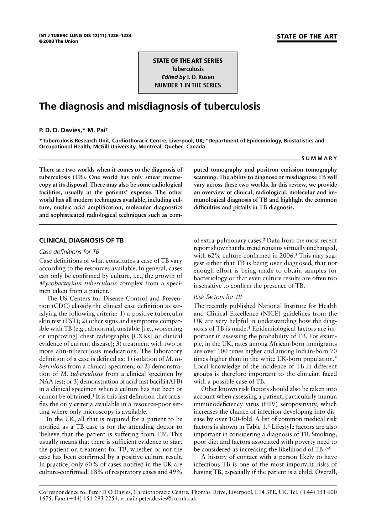 Articulo TB - Tuberculosis - INT J TUBERC LUNG DIS 12(11):1226– © 2008 ...