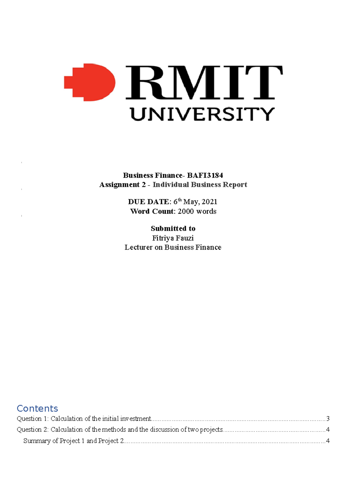 Business Finance Assignmet 2 - Business Finance- BAFI Assignment 2 ...