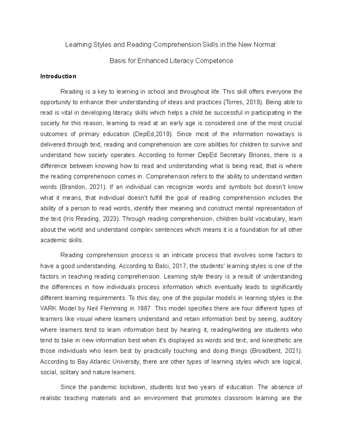 Tisis hehe Learning Styles and Reading Comprehension Skills in the New Normal Basis for