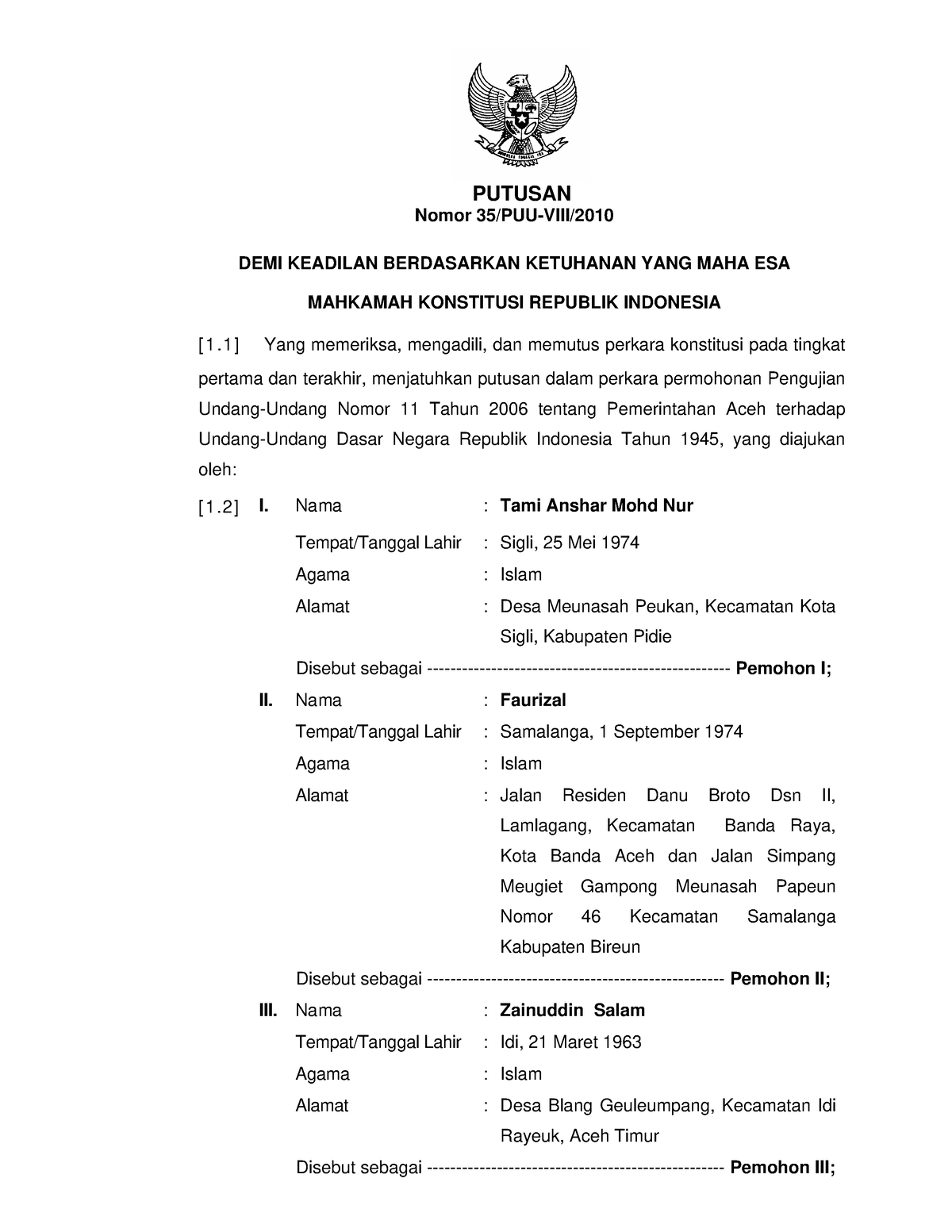 Putusan Sidang Putusan No 35 PUU Pemerintahan Aceh Telah Baca LWE ...