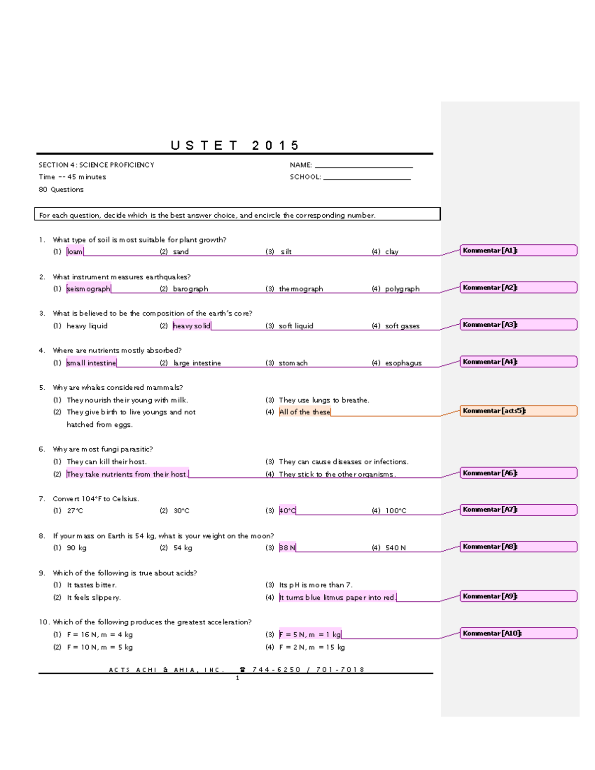 [ Ustet 2015 ] Science Proficiency - A C T S A C H I & A H I A , I N C ...