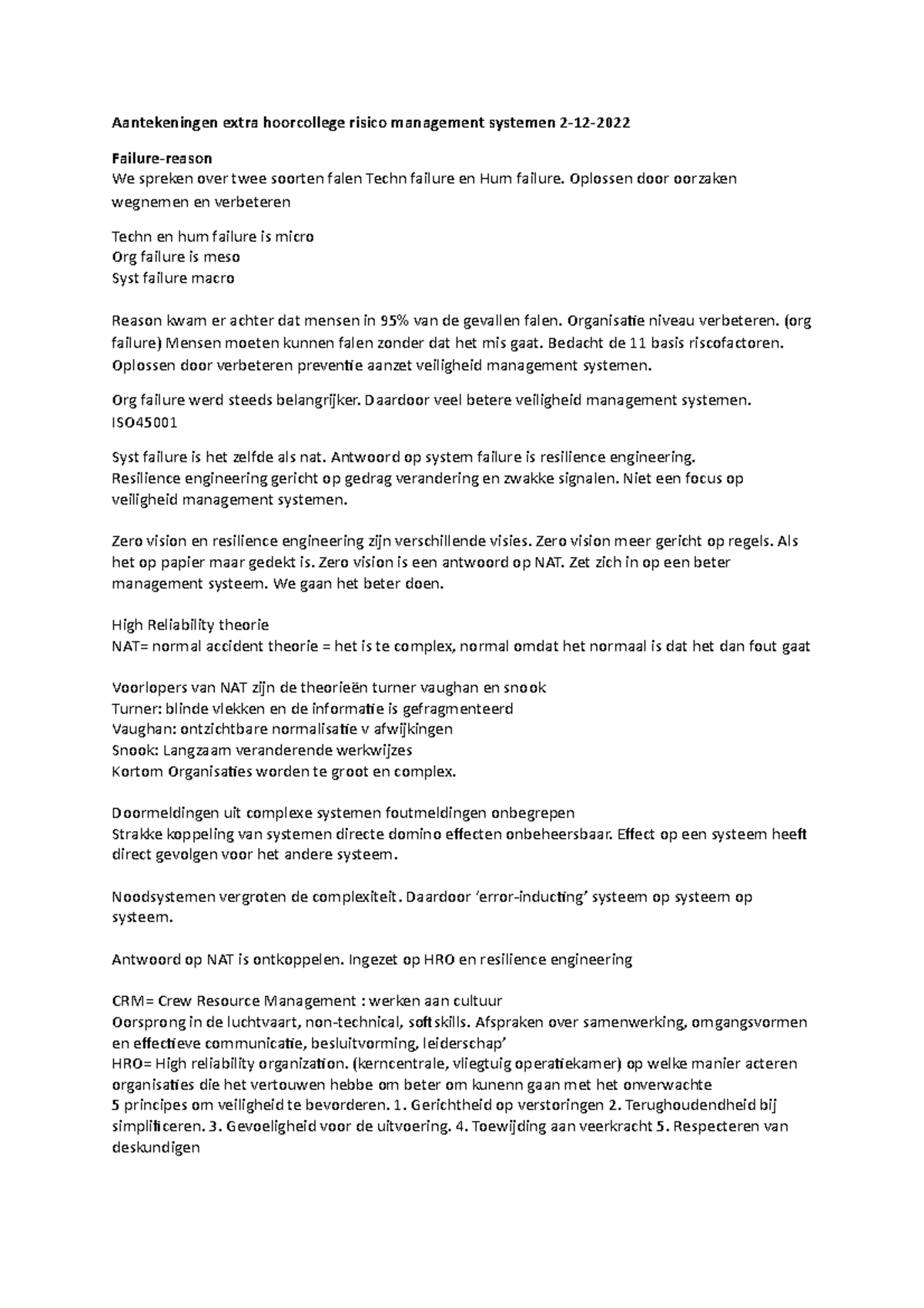 Aantekeningen Extra Hoorcollege Risico Management Systemen 2 - Oplossen ...