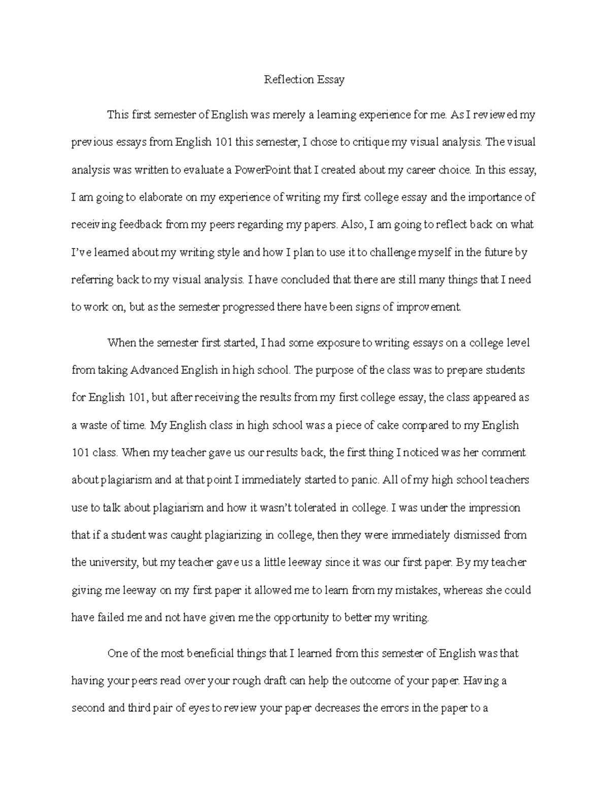 Reflection essay - Grade: A - EH 26 - English Composition I - UAB