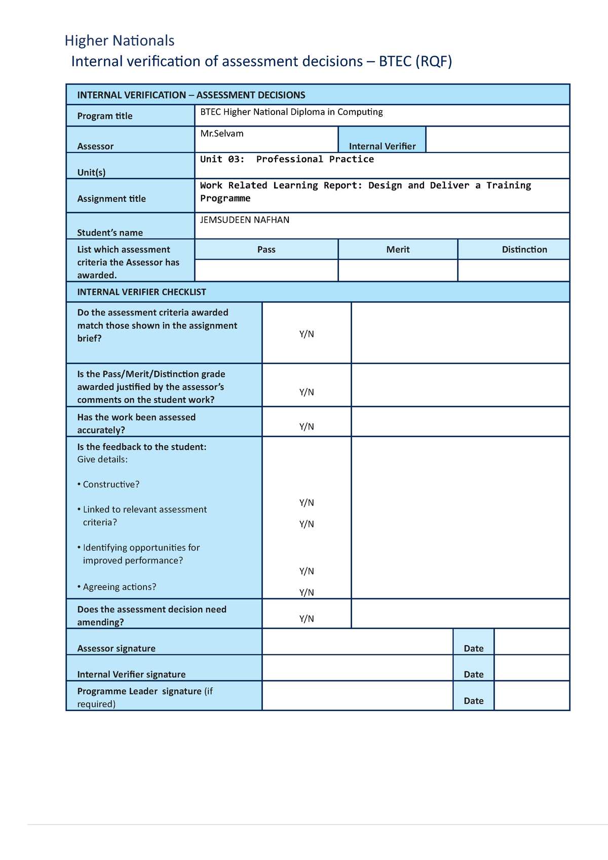 Professional Practise - Higher Nationals Internal Verification Of ...