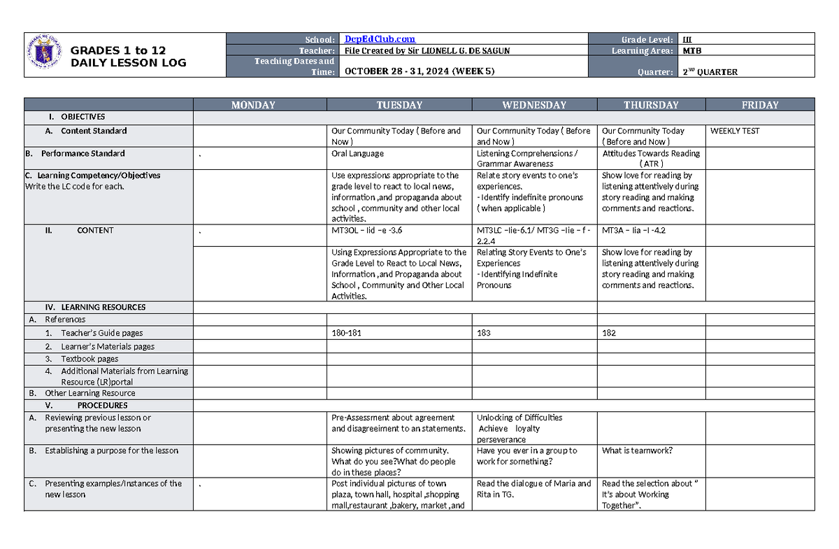 DLL MTB 3 Q2 W5 - GRADES 1 to 12 DAILY LESSON LOG School: DepEdClub ...