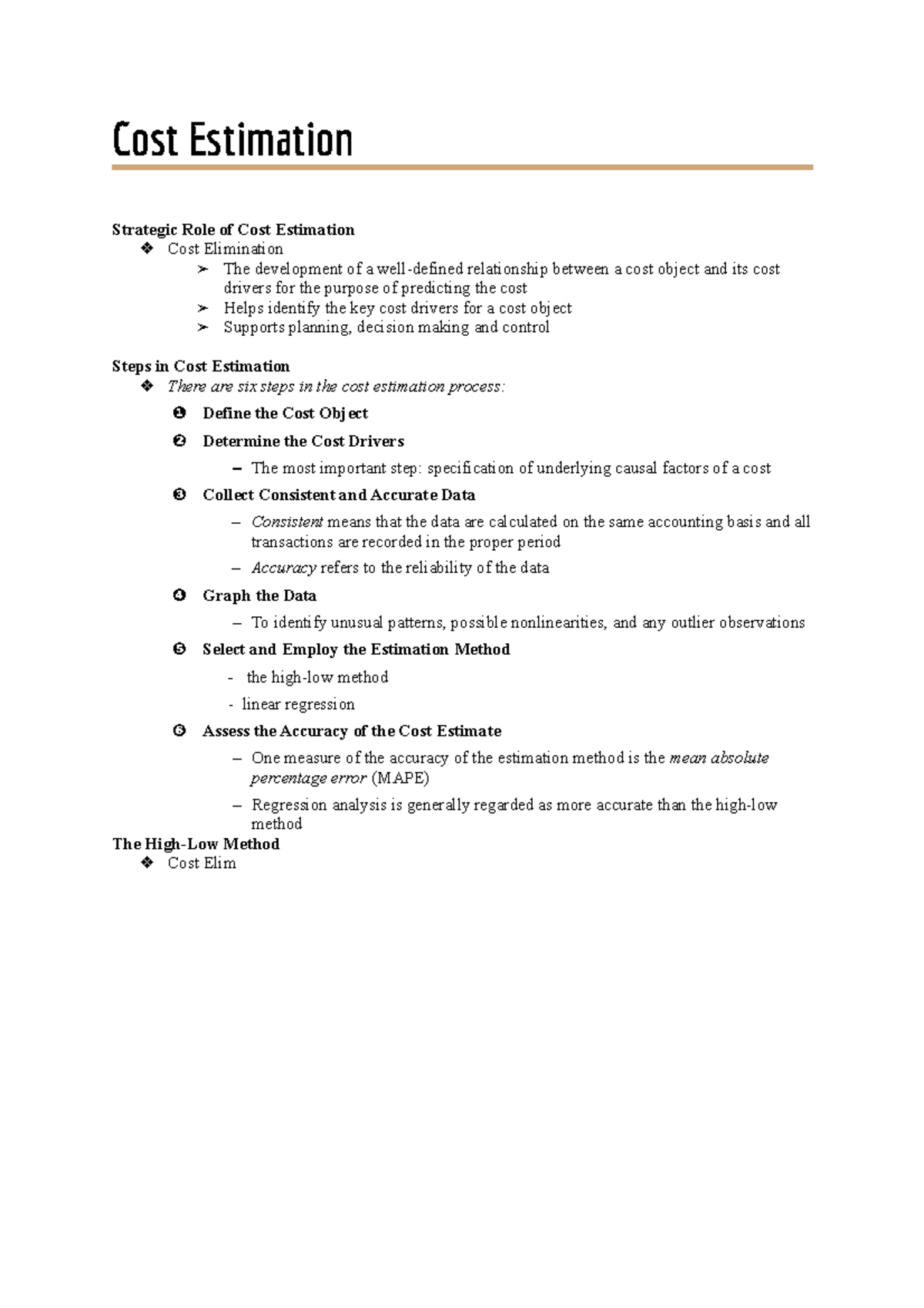 Chapter 8 - lecture notes - Cost Estimation Strategic Role of Cost ...