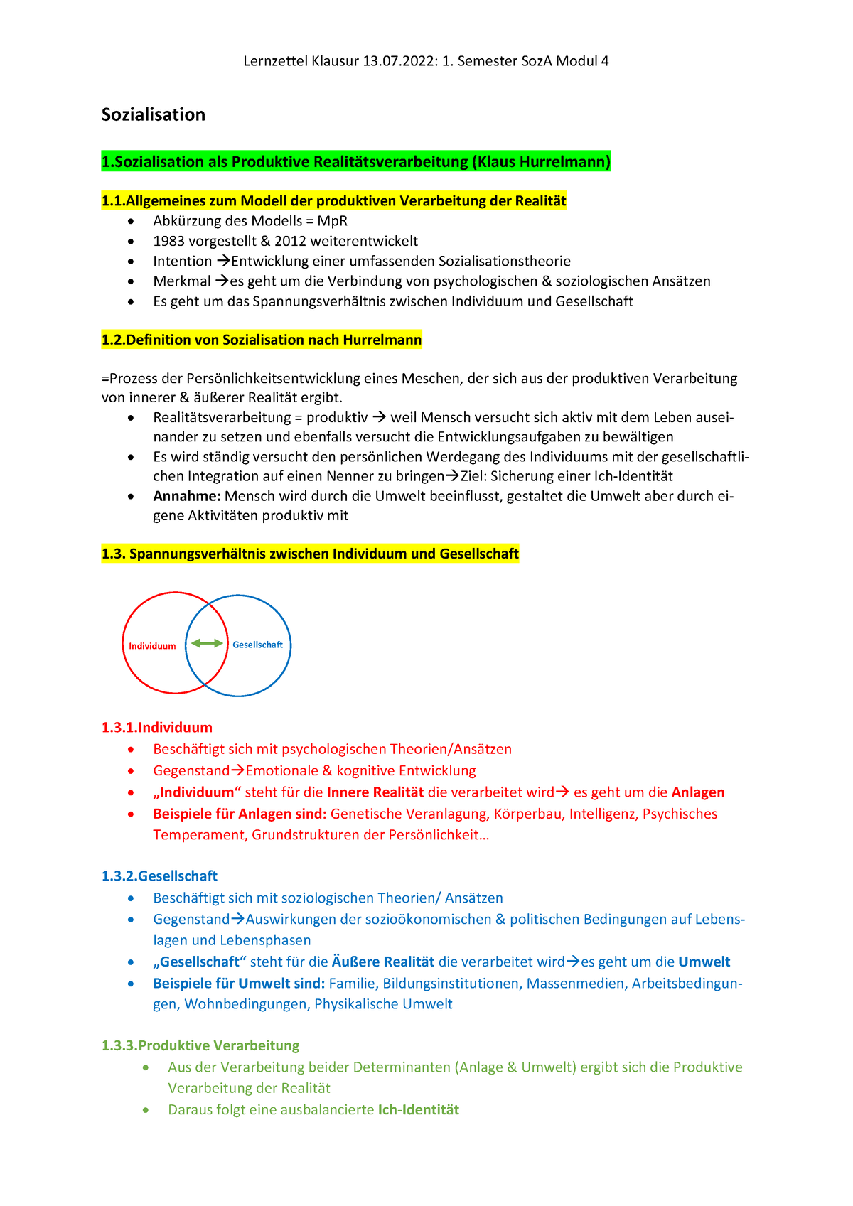 Lernzettel Sozialisation - Sozialisation 1 Als Produktive Realit ...