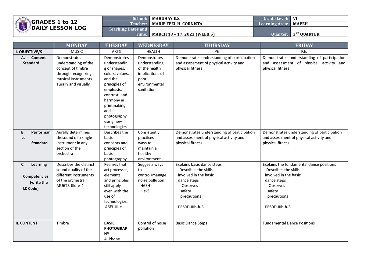 DLL Mapeh 6 Q3 W5 - Educ - GRADES 1 To 12 DAILY LESSON LOG School ...