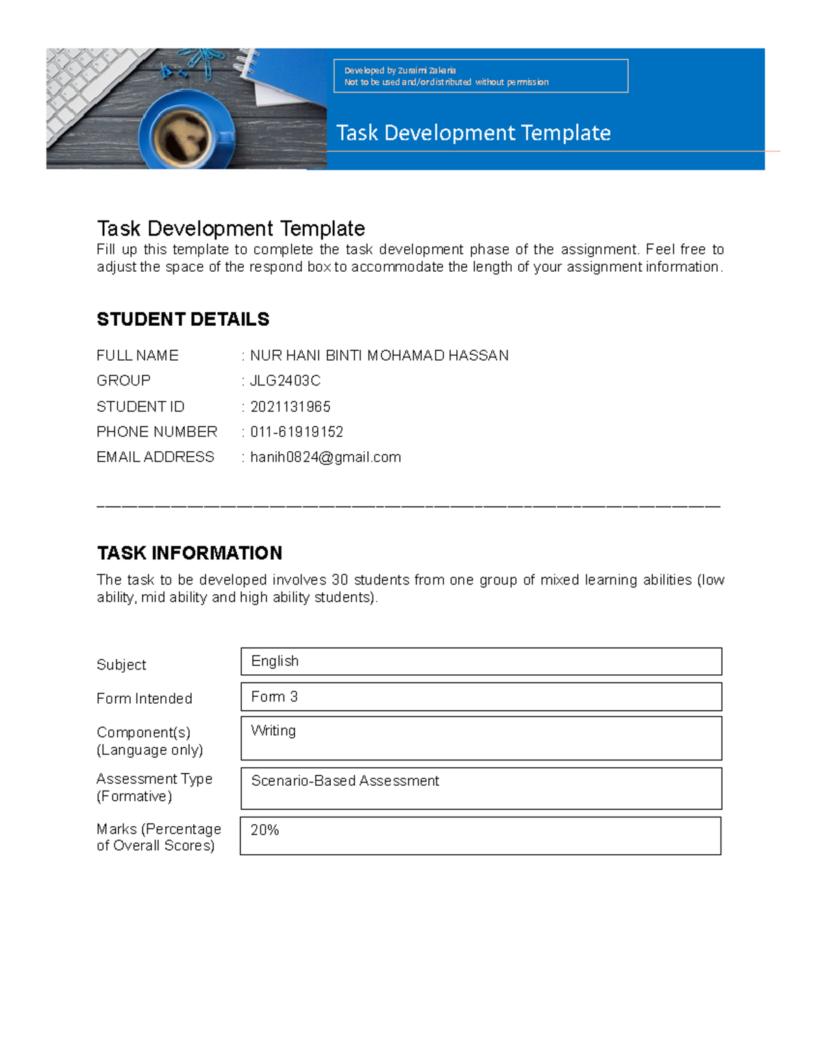 Taskdevelopment NUR HANI JLG2403C - Task Development Template Fill up ...