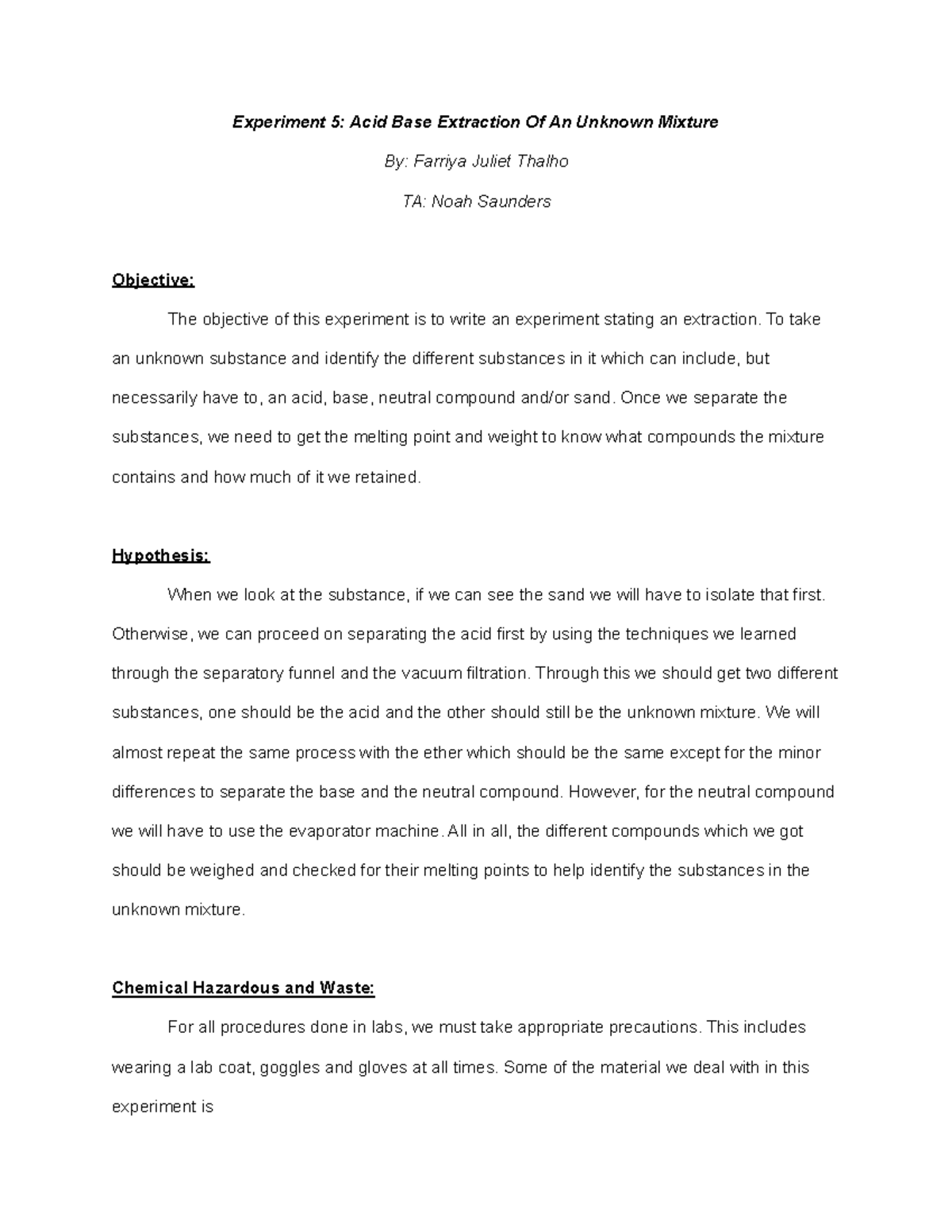 Orgo lab 5 Lab Report Experiment 5 Acid Base Extraction Of An