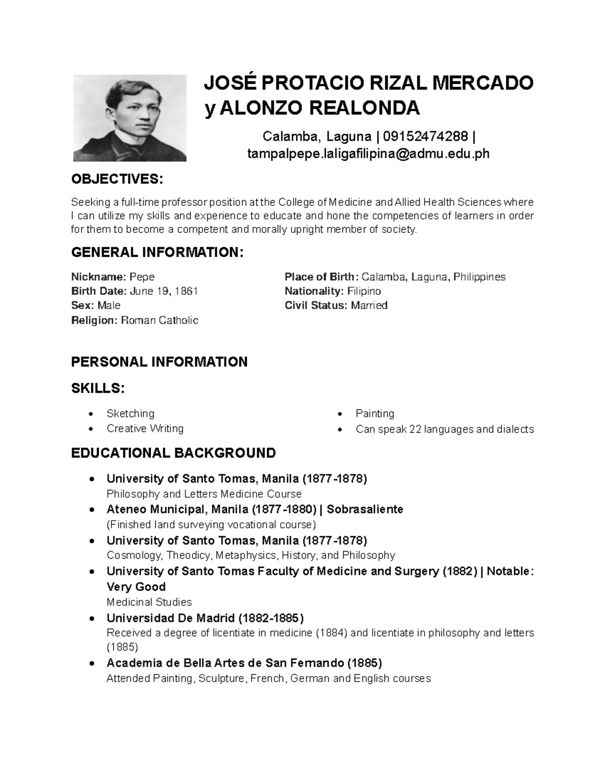 GNED09 Rizal Resume - JOSÉ PROTACIO RIZAL MERCADO y ALONZO REALONDA ...