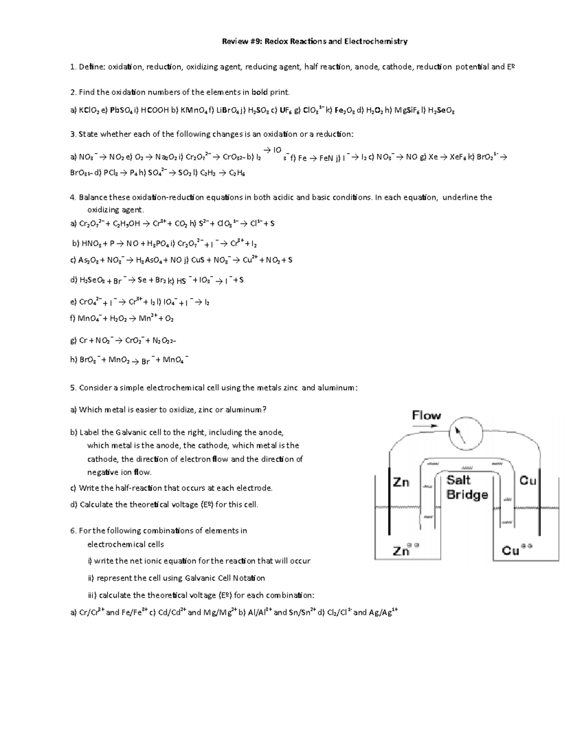 Electrochem Review Worksheet Review 9 Redox Reactions and