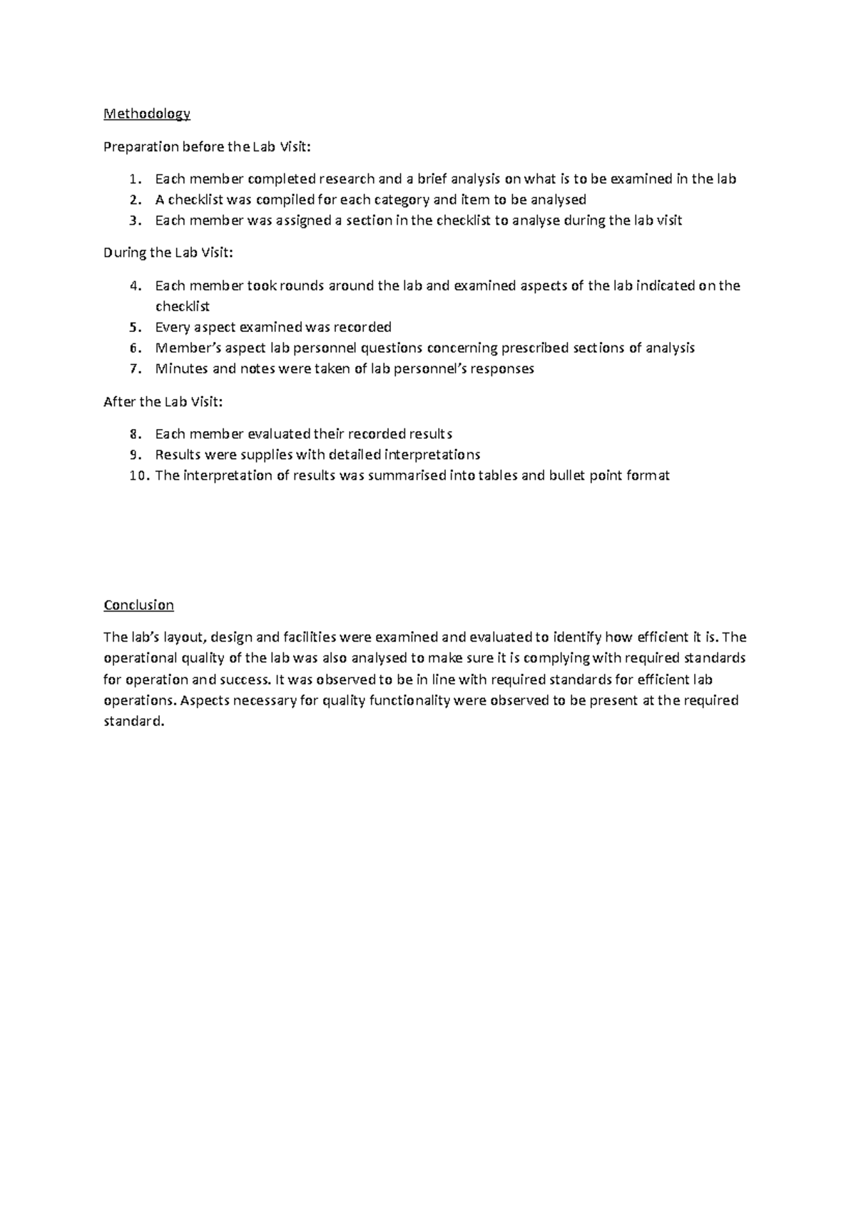 Lab report - Methodology Preparation before the Lab Visit: 1. Each ...
