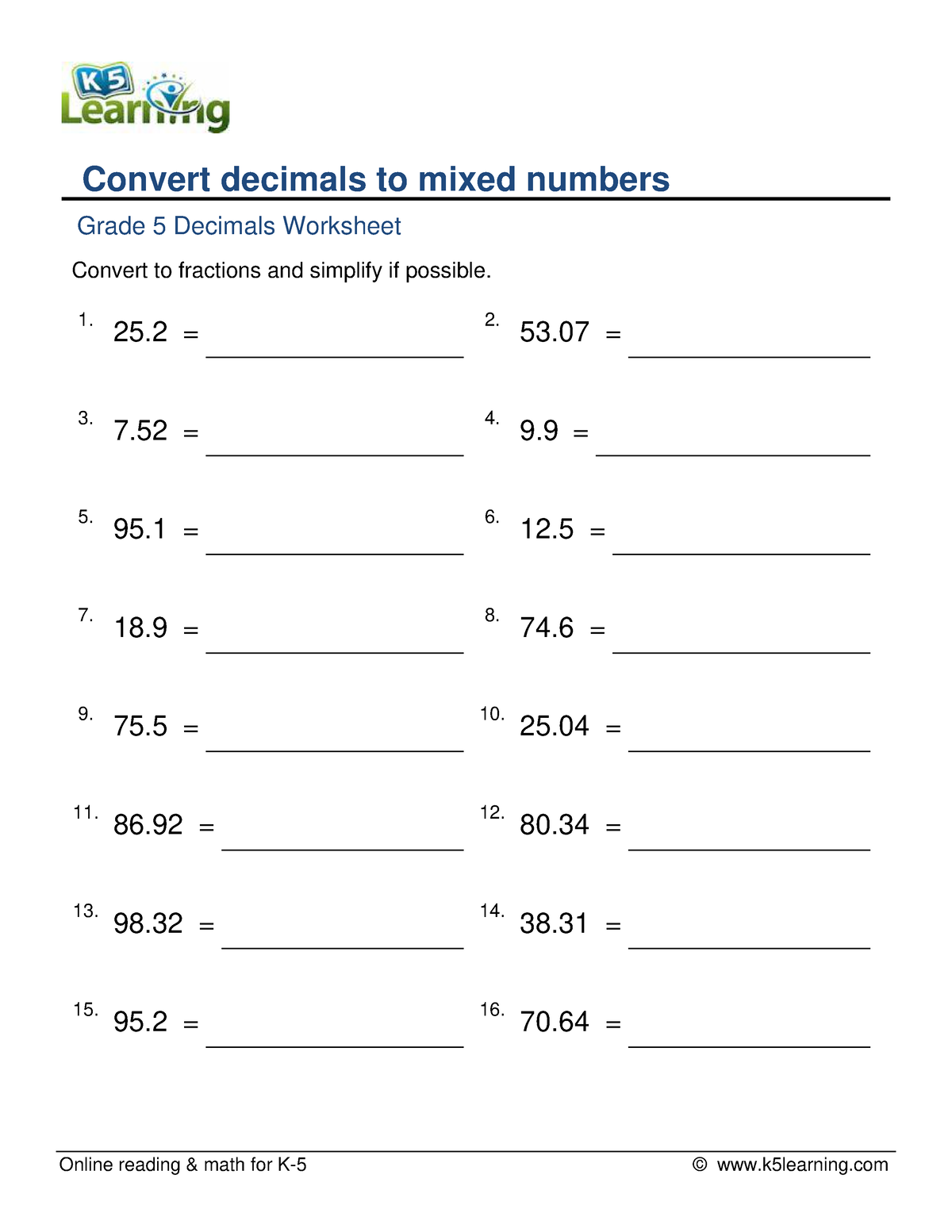 Grade 5 decimals to mixed numbers - Online reading & math for K-5 ...