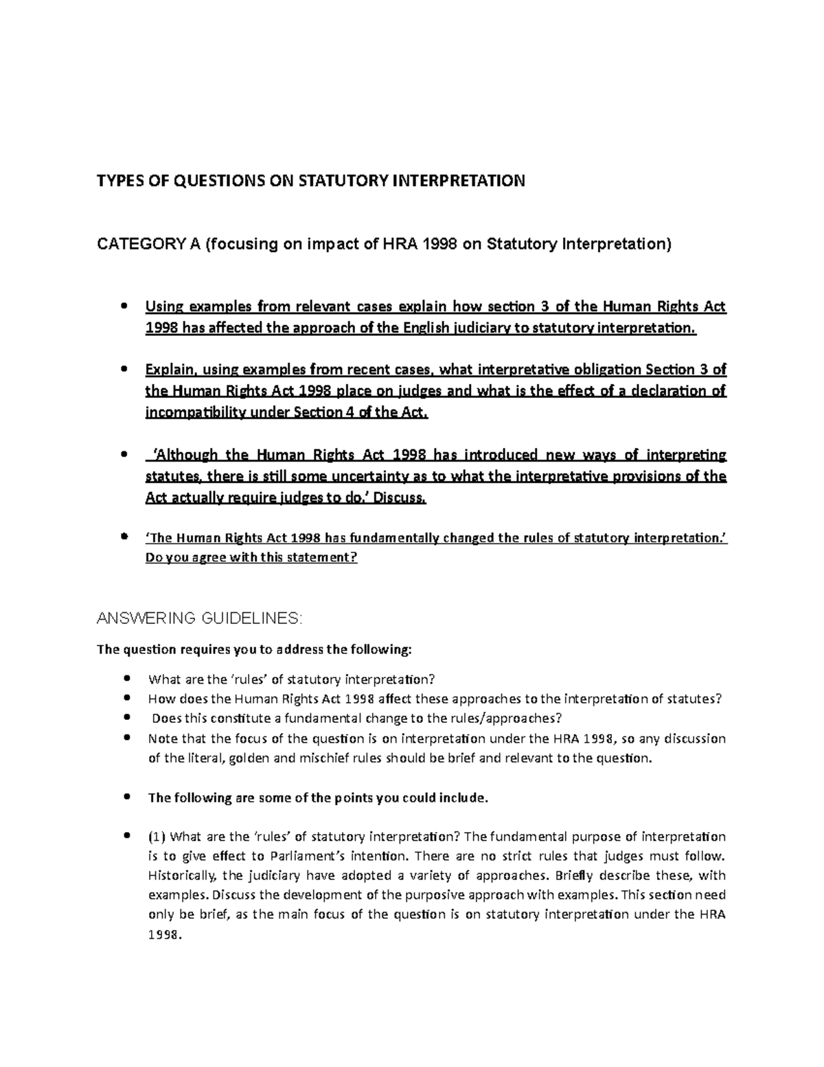 Types OF Questions ON Statutory Interpretation TYPES OF QUESTIONS ON