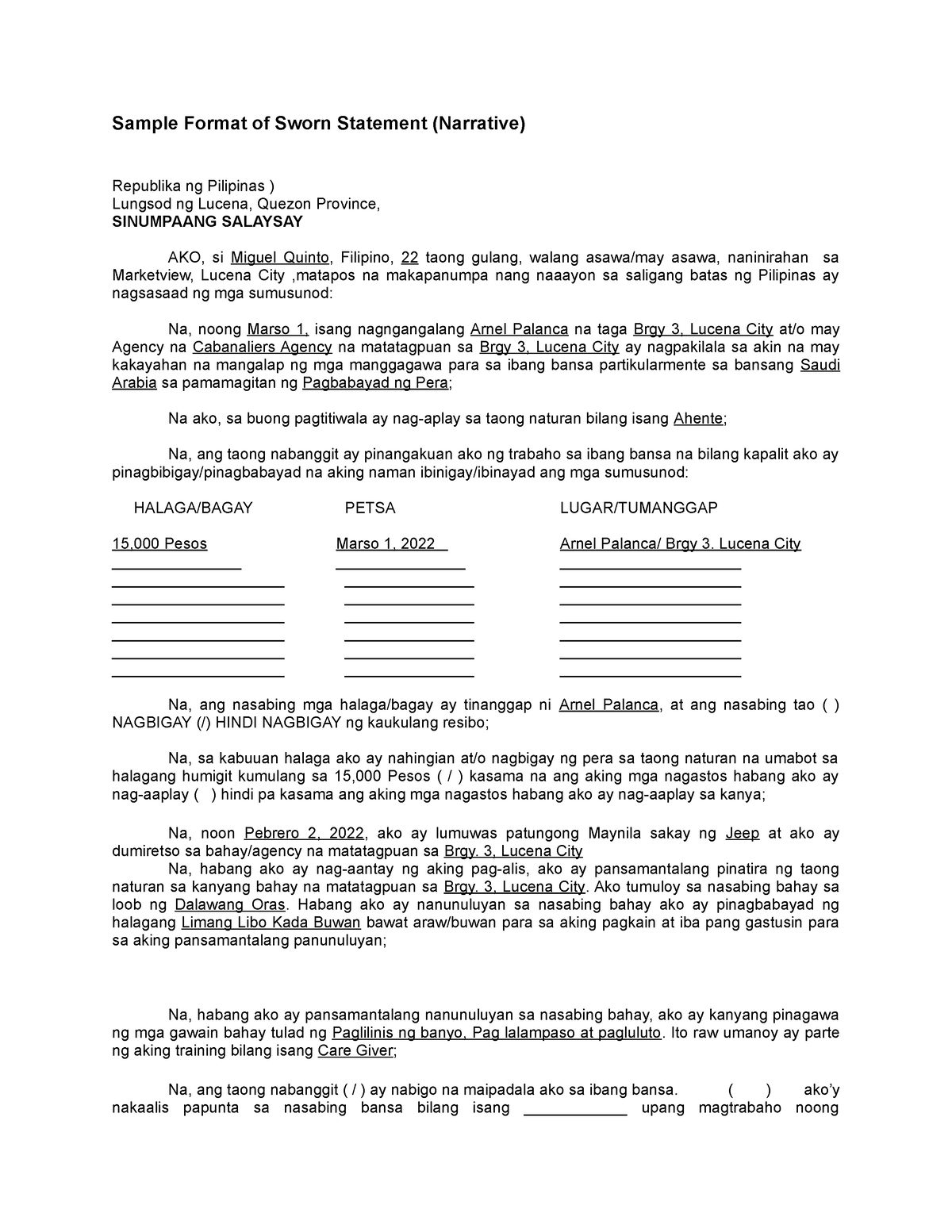 Sample Format Of Sworn Statement Narrative 5157