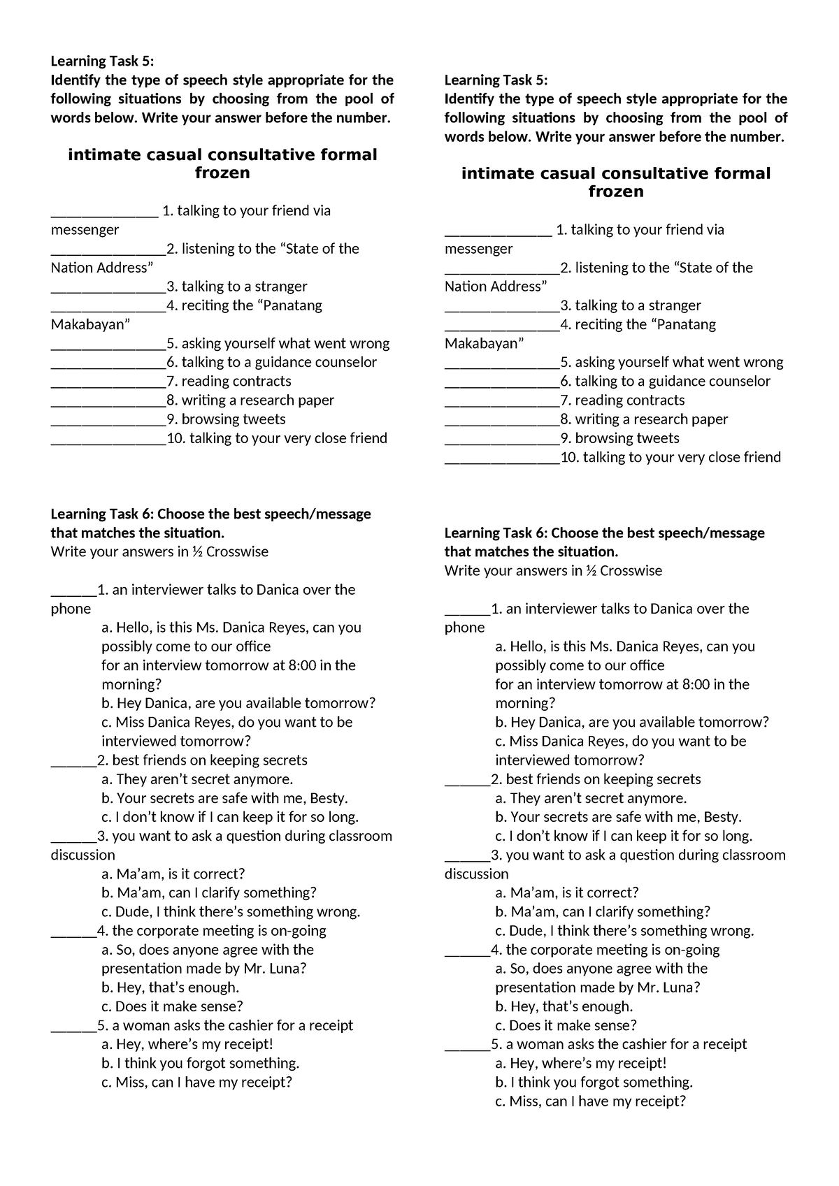 learning task 5 identify the type of speech style