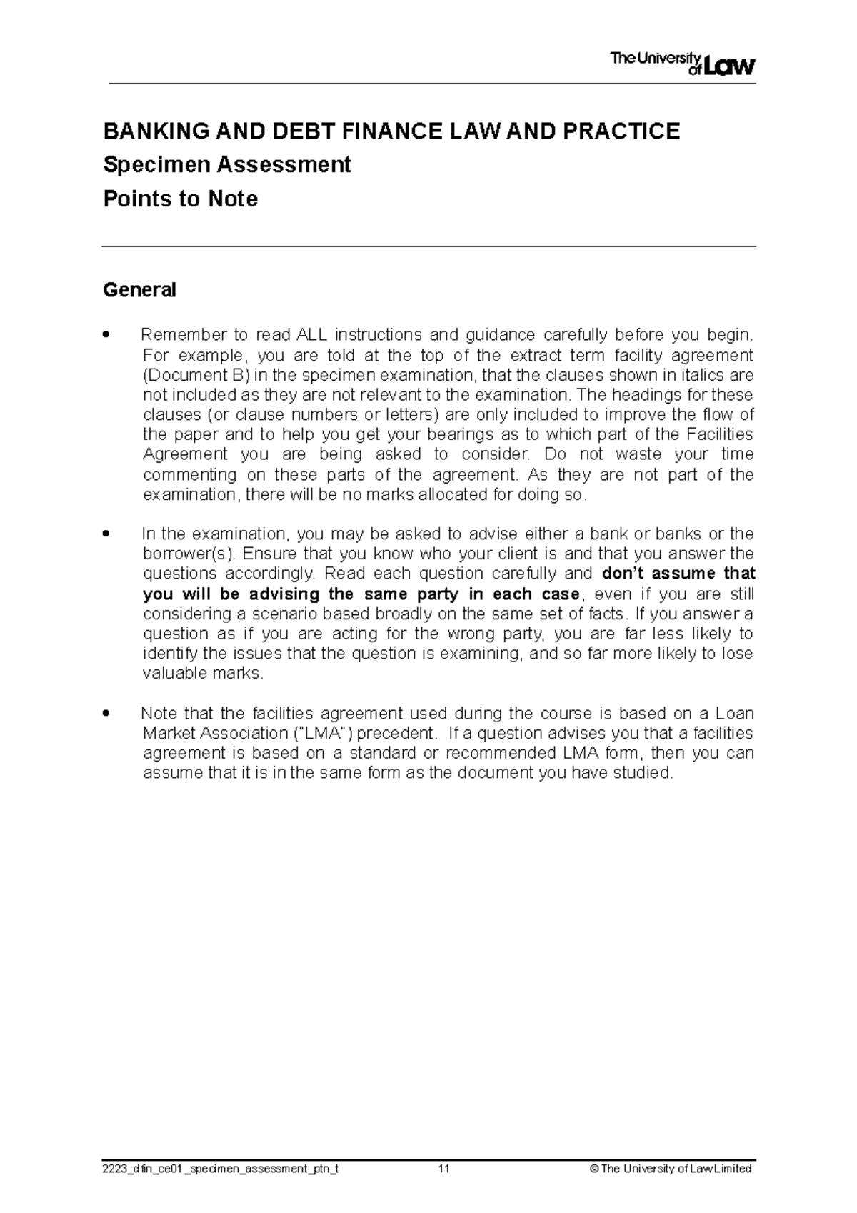 2223 Dfin Ce01 Specimen Assessment Ptn T Banking And Debt Finance Law