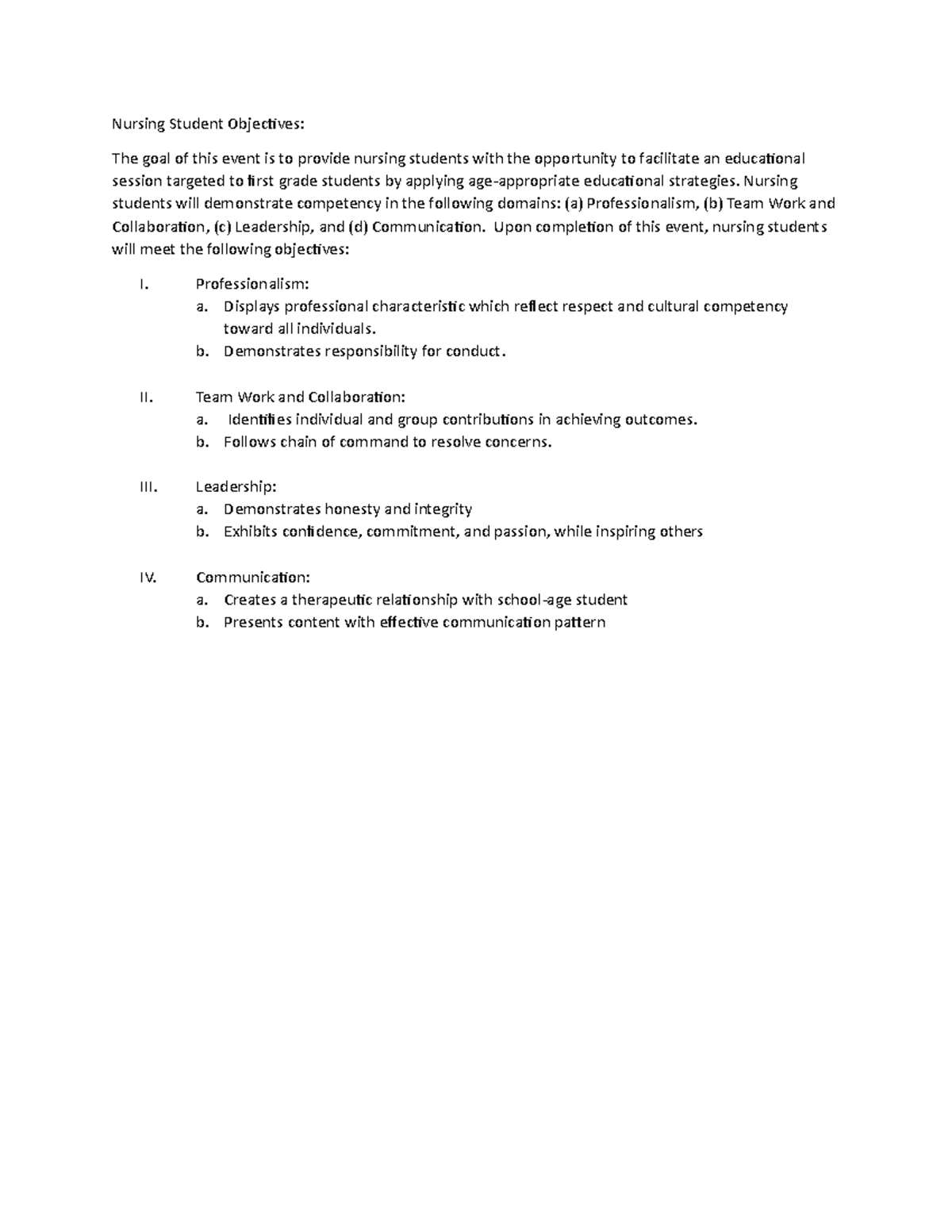 Nursing Student Objectives Final Nursing Student Objectives The goal