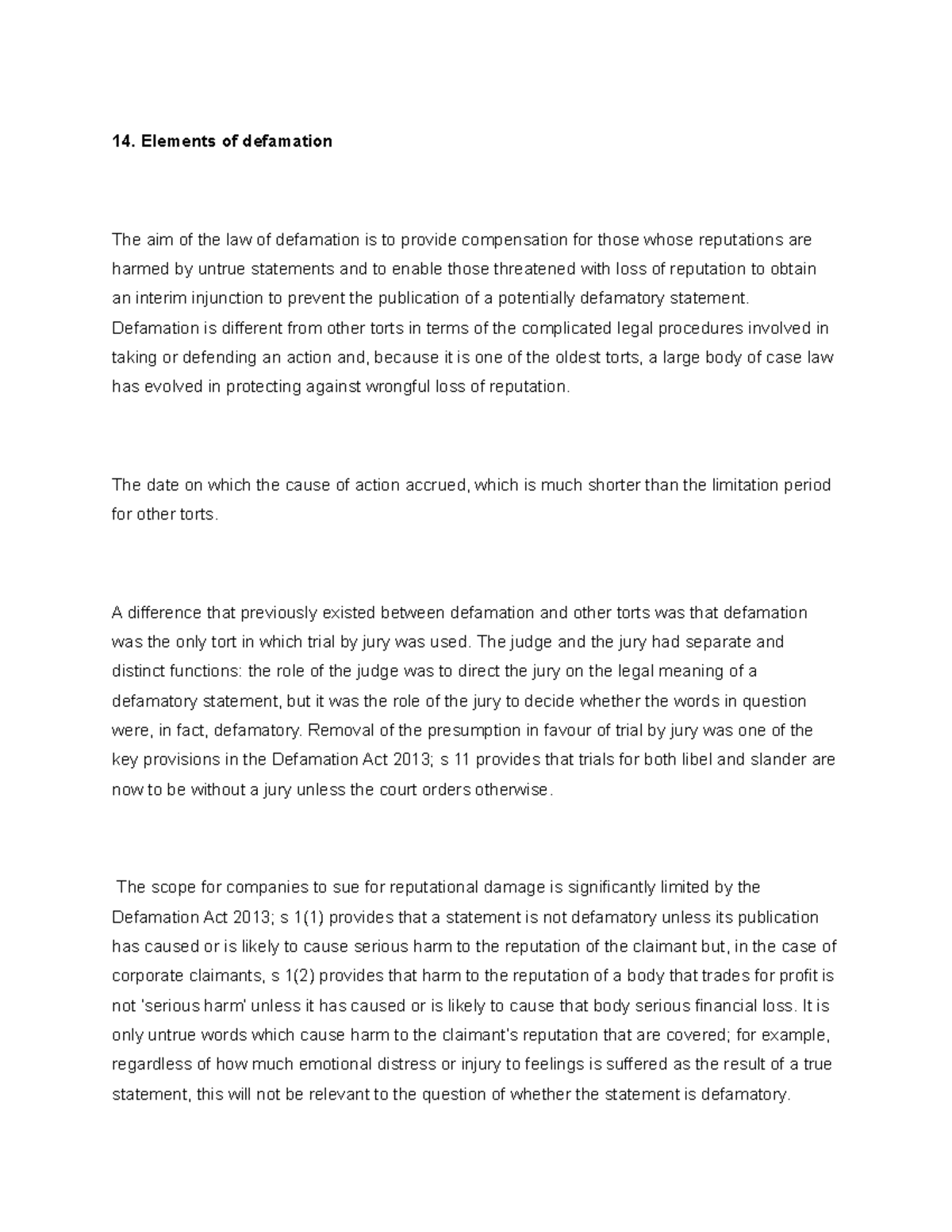 14. Elements of defamation - 14. Elements of defamation The aim of the ...