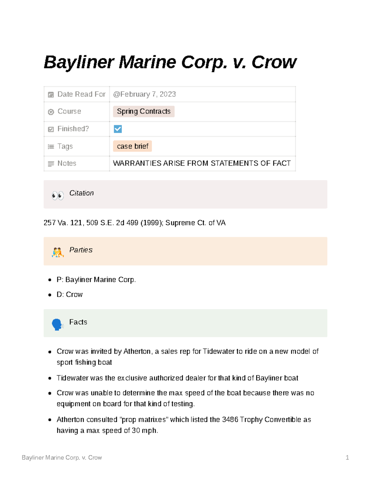 Bayliner - Case Brief - Bayliner Marine Corp. v. Crow Date Read For