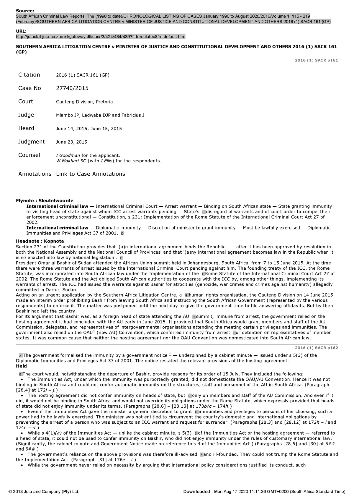 Southern Africa Litigation Centre V Minister OF Justice AND   Thumb 1200 1698 