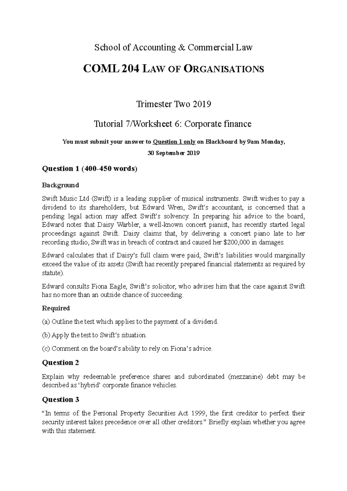 COML204 Tutorial 7 Questions - School of Accounting & Commercial Law ...