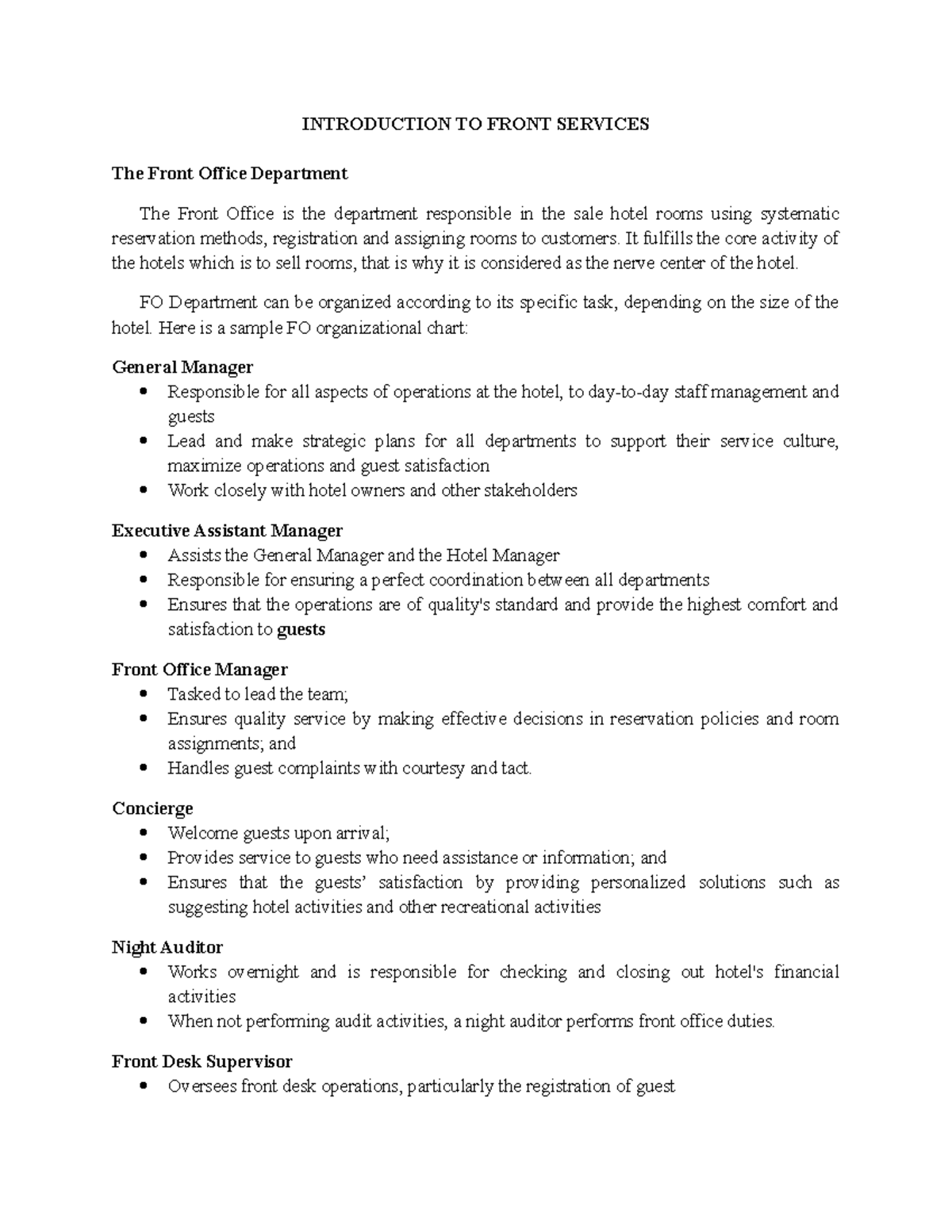 The Front Office Department INTRODUCTION TO FRONT SERVICES The Front