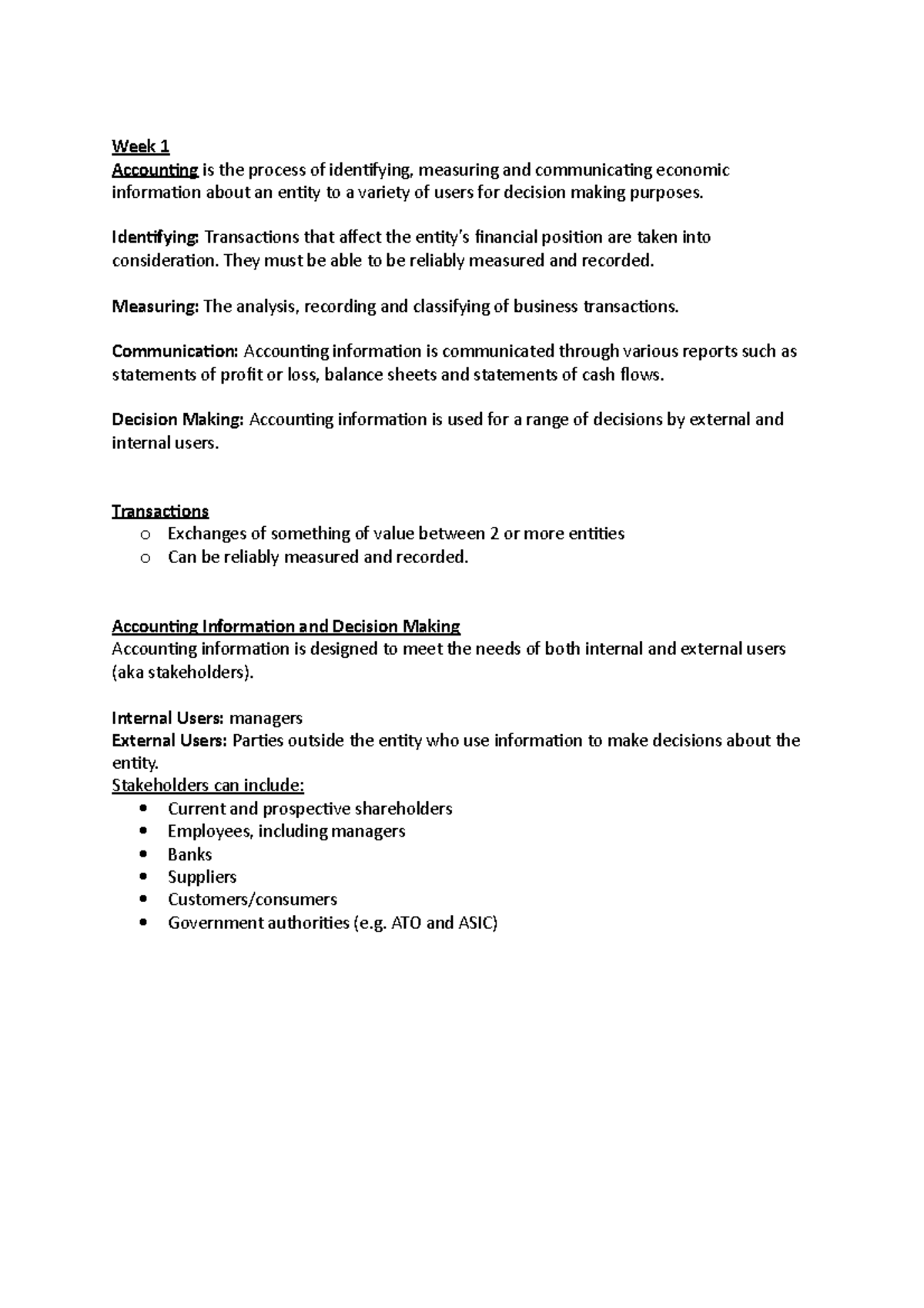 BUSN1001 - notes - Week 1 Accounting is the process of identifying ...