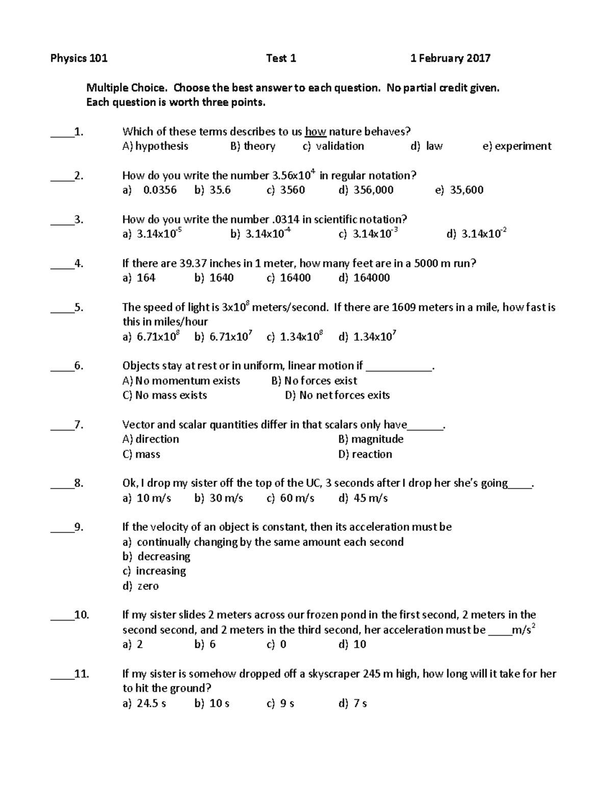 Physics Sister Problems - Projectile - Physics 101 Test 1 1 February ...