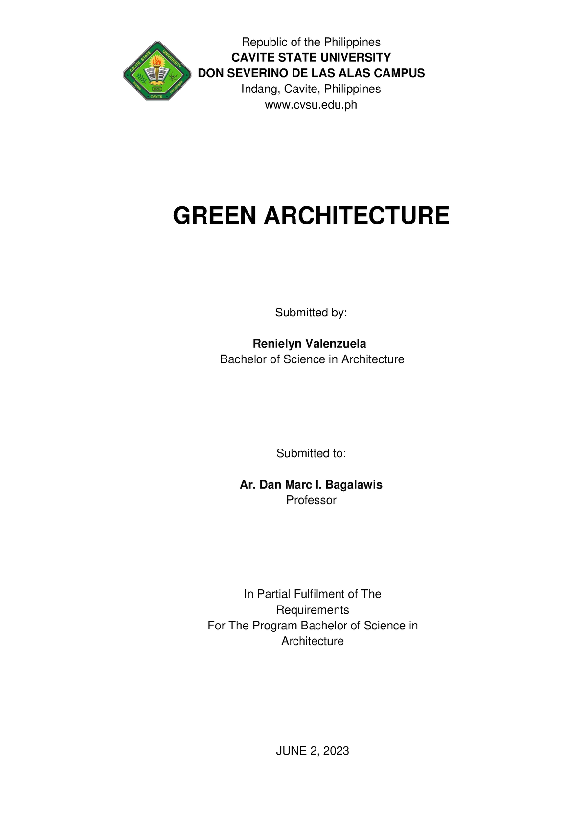 RE Green Architecture - Republic of the Philippines CAVITE STATE ...