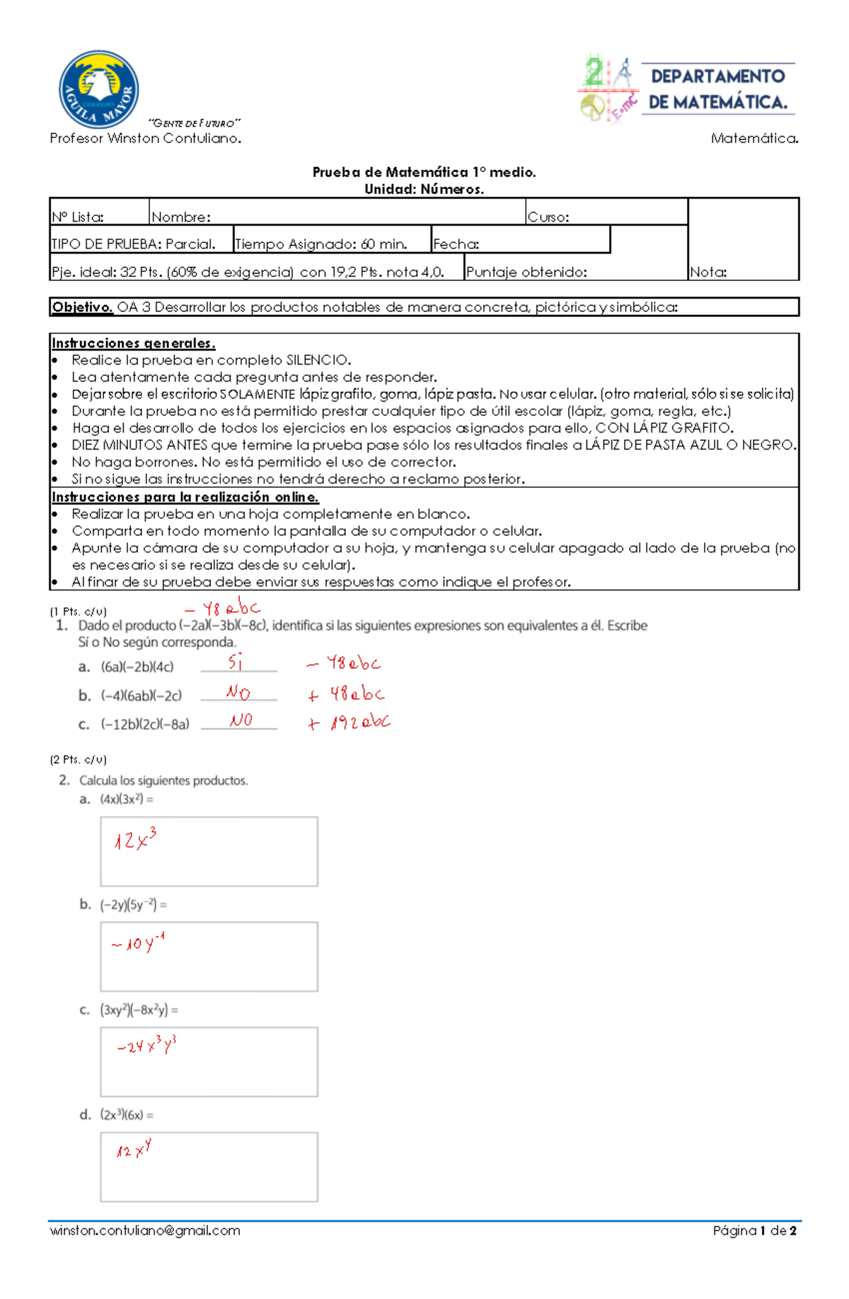 03 Prueba Matemática Números Algebra 1° Medio Correccion - Winston ...