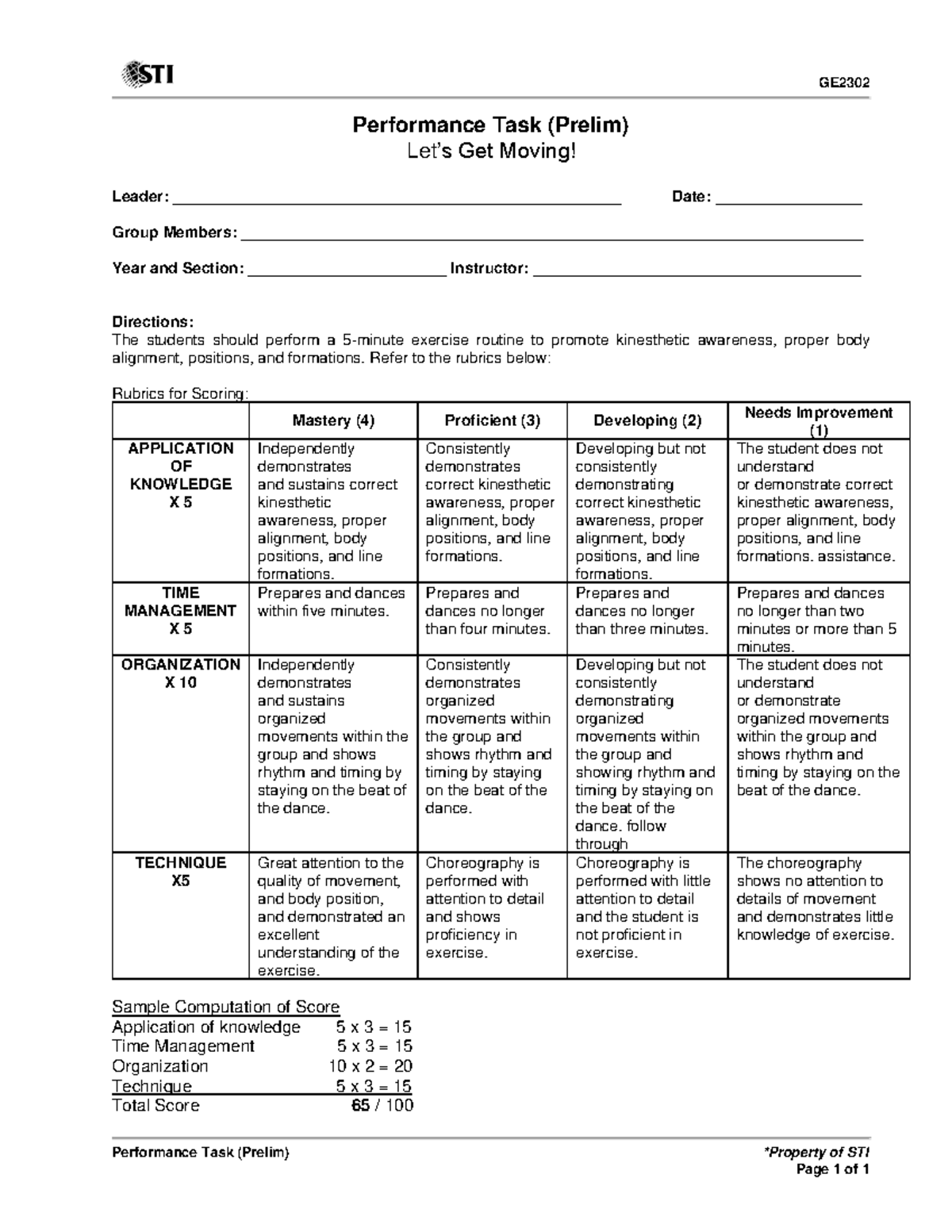 01 Performance Task-1 - GE Performance Task (Prelim) *Property of STI ...