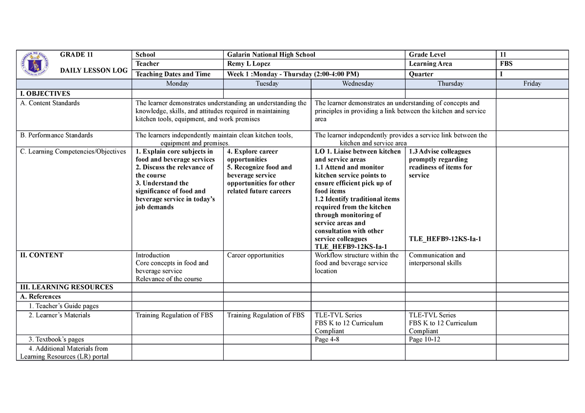 FBS DLL week 1 - Food and Beverage Services - GRADE 11 DAILY LESSON LOG ...